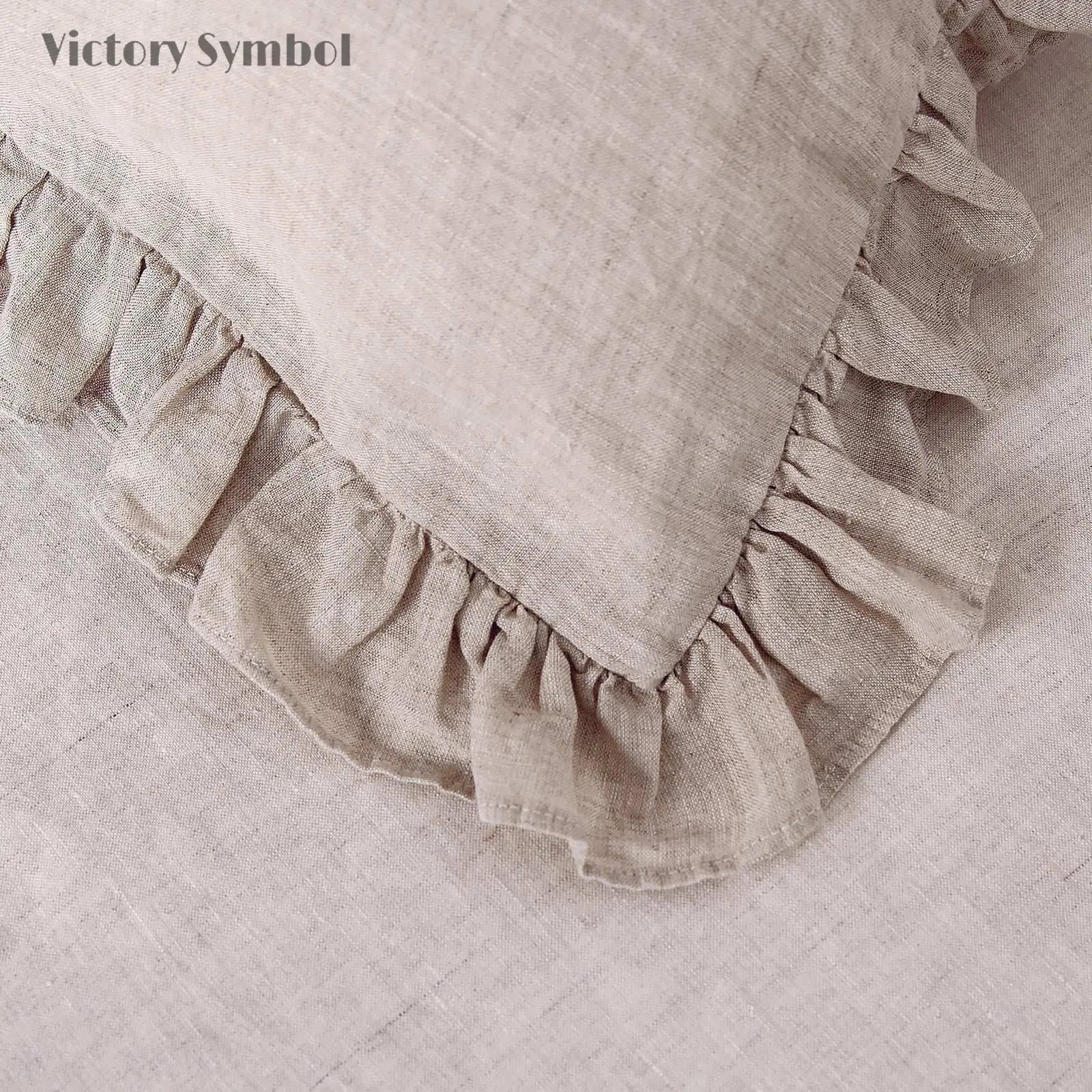 Natural Undyed Linen 100% Organic Linen Pillowcases with Ruffles - Victory Symbol