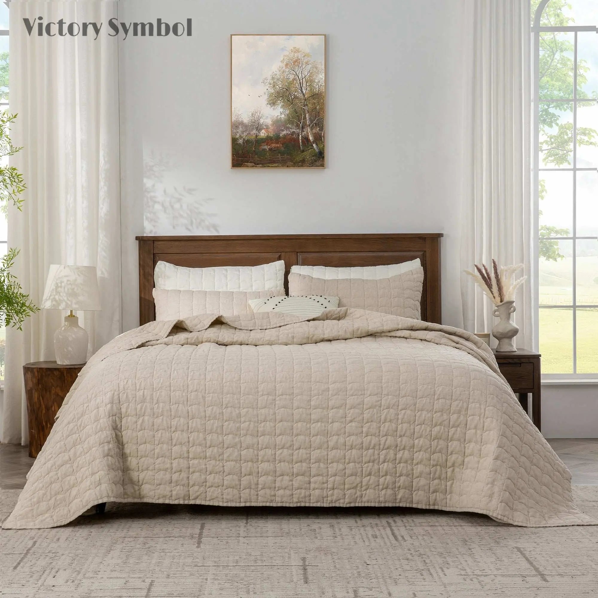 Natural Linen 100% Organic Linen Quilt Set With Tile Pattern - Victory Symbol