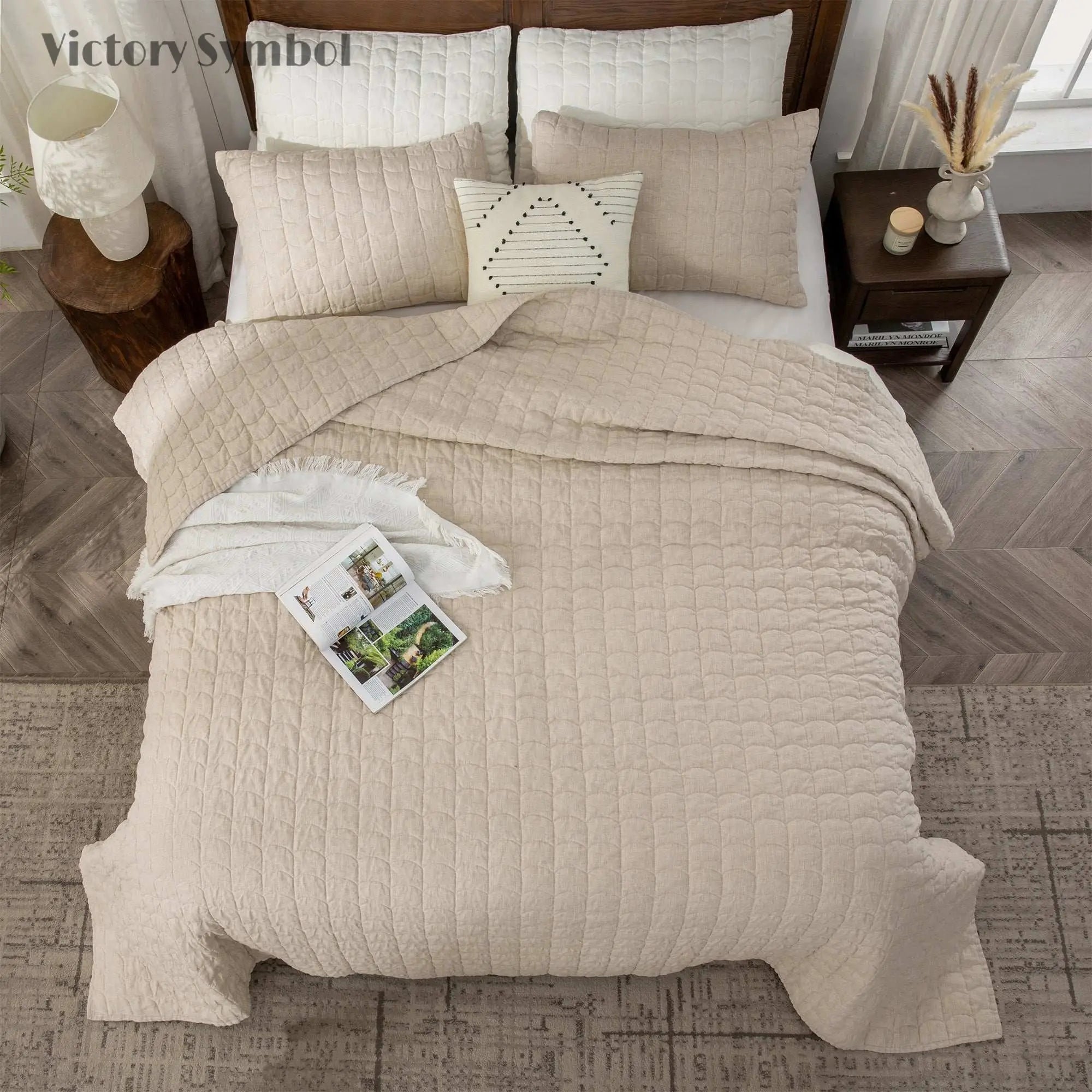 Natural Undyed Linen 100% Organic Linen Quilt Set With Tile Pattern - Victory Symbol