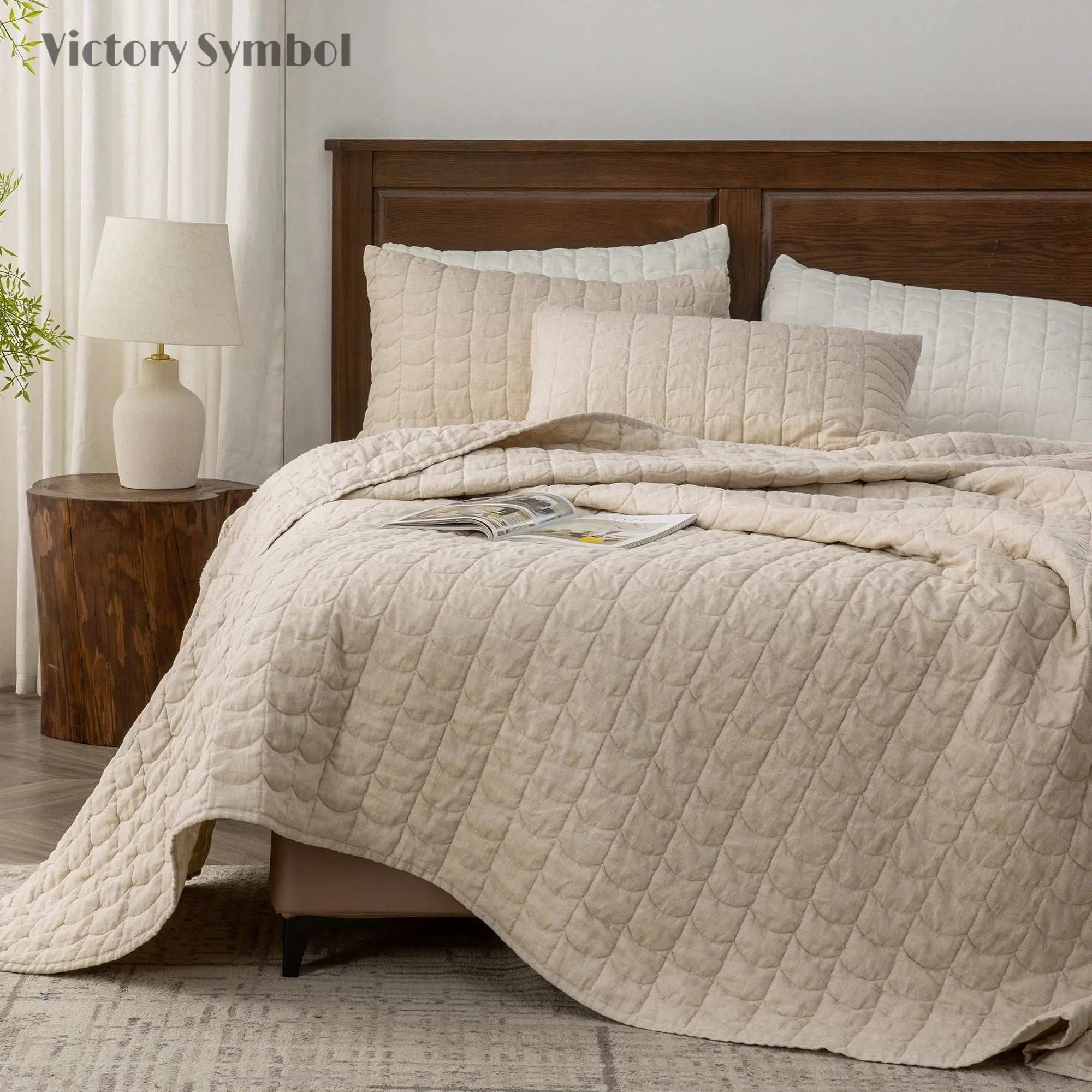 Natural Undyed Linen 100% Organic Linen Quilt Set With Tile Pattern - Victory Symbol