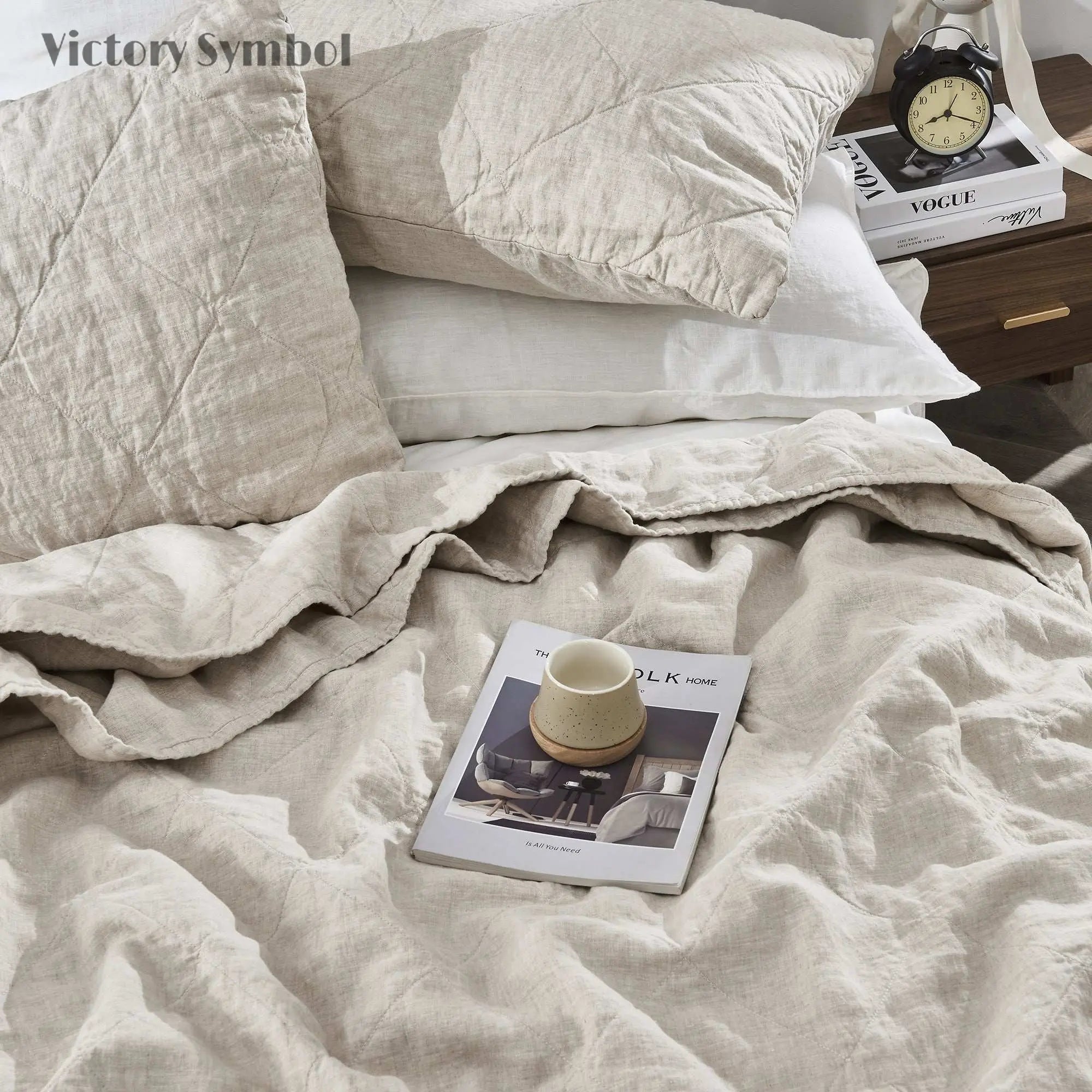 Natural Undyed Linen 100% Organic Linen Quilt Set - Victory Symbol