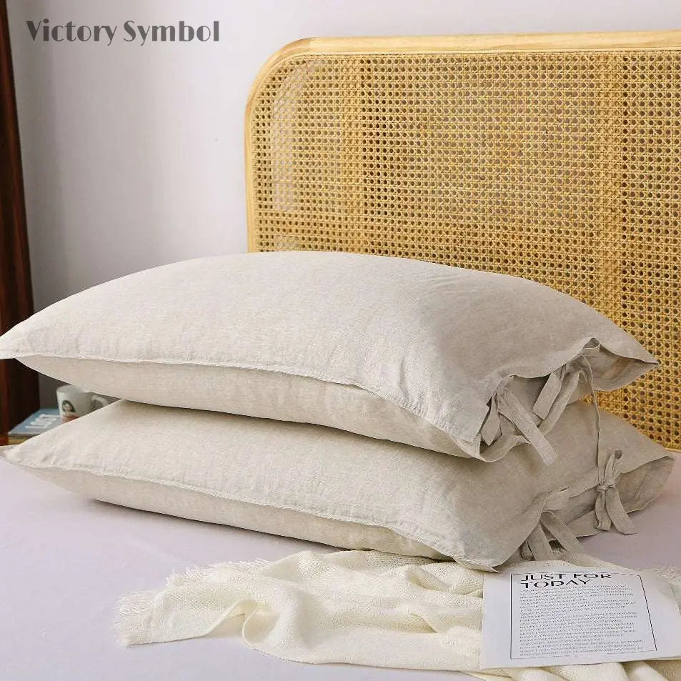 Natural Undyed Linen Ties Bow 100% Organic Linen Pillowcases - Victory Symbol