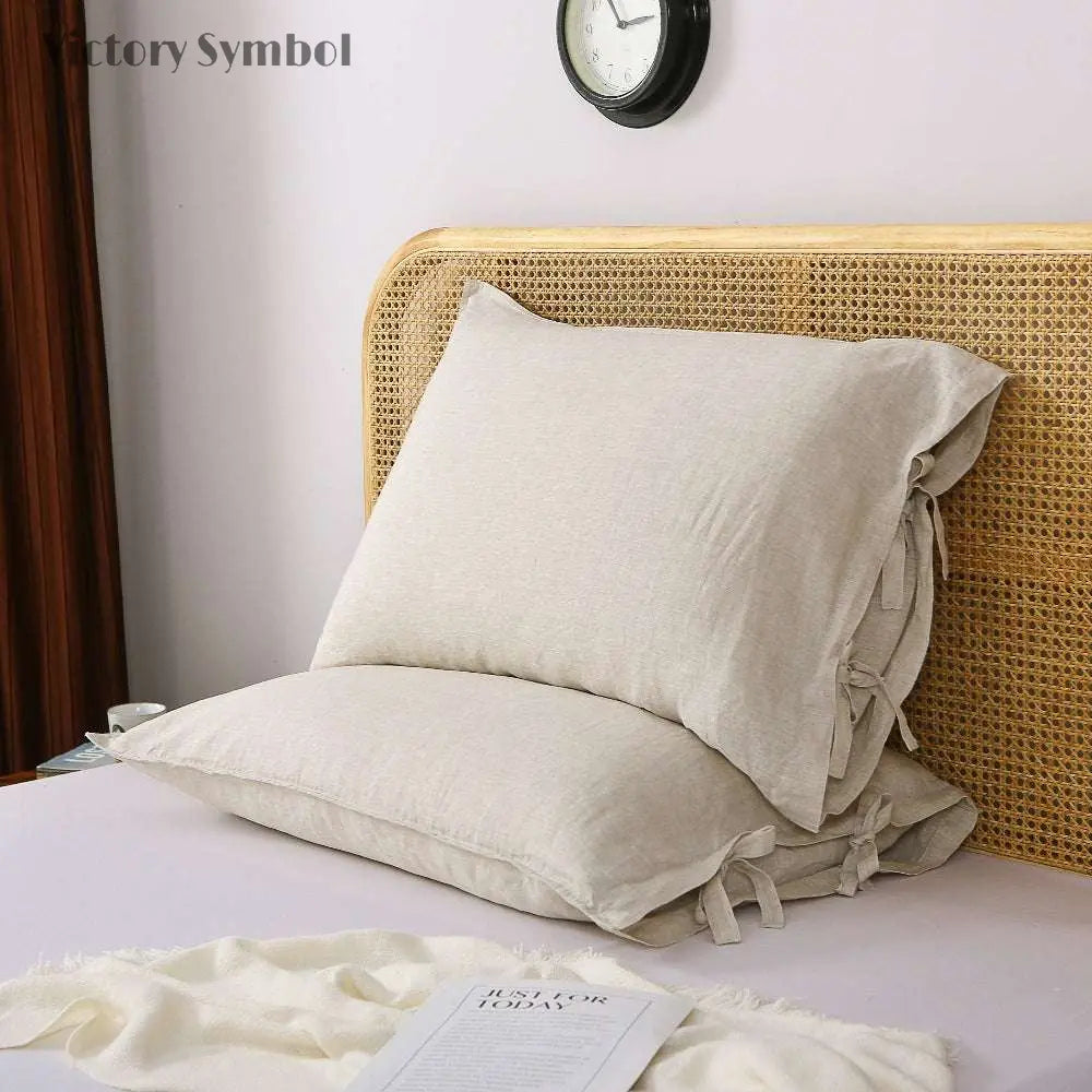 Natural Undyed Linen Ties Bow 100% Organic Linen Pillowcases - Victory Symbol