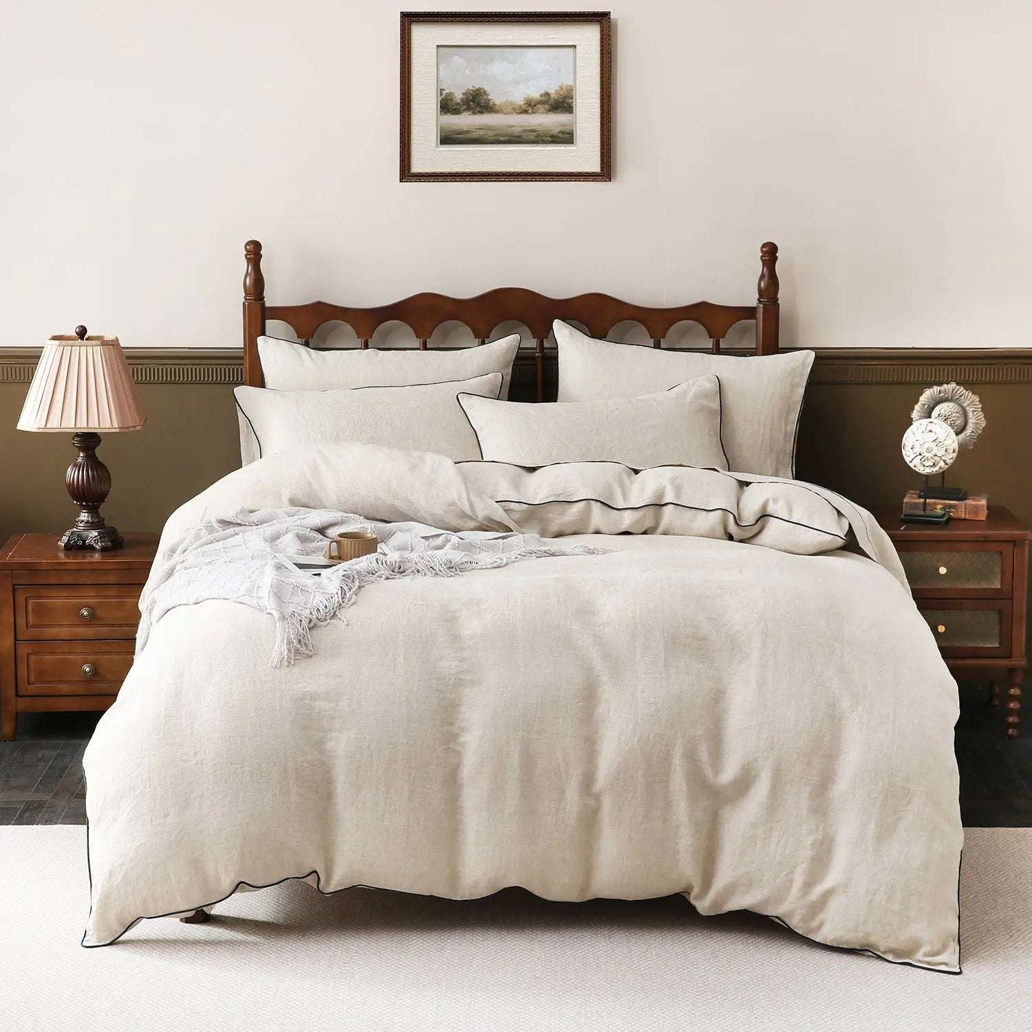 Natural Undyed Linen With Navy Piping 100% Organic Linen Duvet Cover Set.