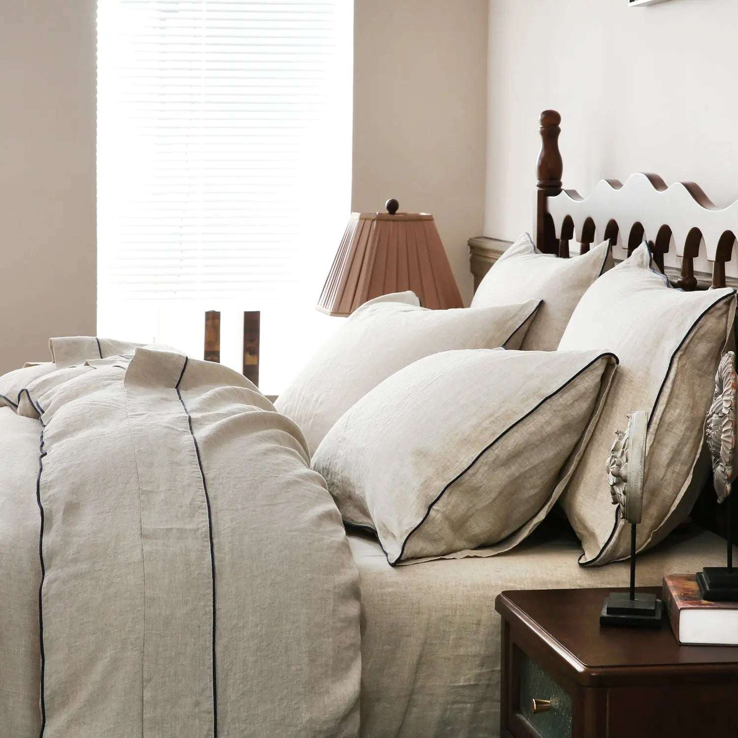 Natural Undyed Linen With Navy Piping 100% Organic Linen Duvet Cover Set.