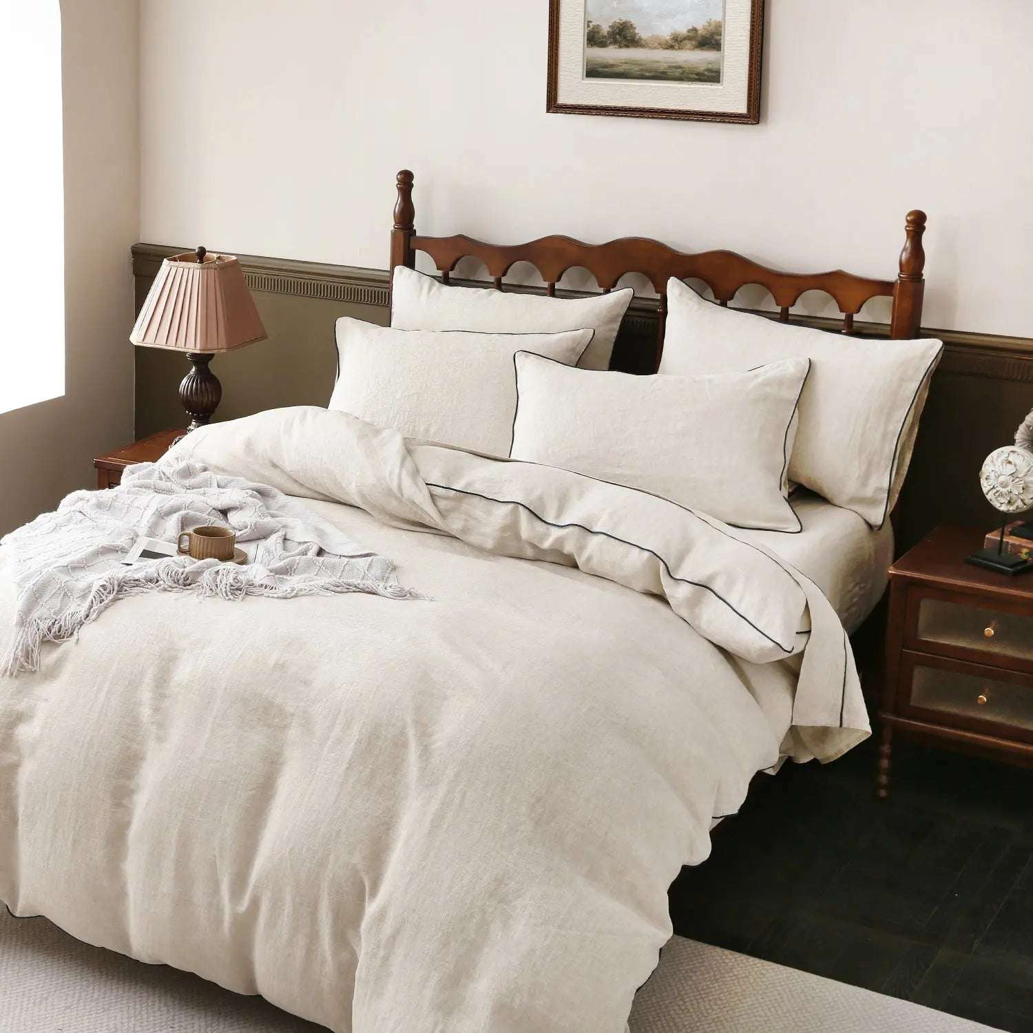 Natural Undyed Linen With Navy Piping 100% Organic Linen Duvet Cover Set.