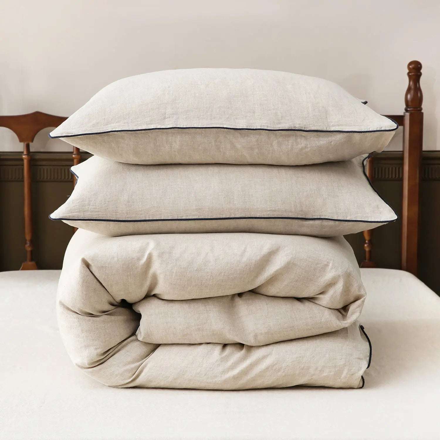 Natural Undyed Linen With Navy Piping 100% Organic Linen Duvet Cover Set.