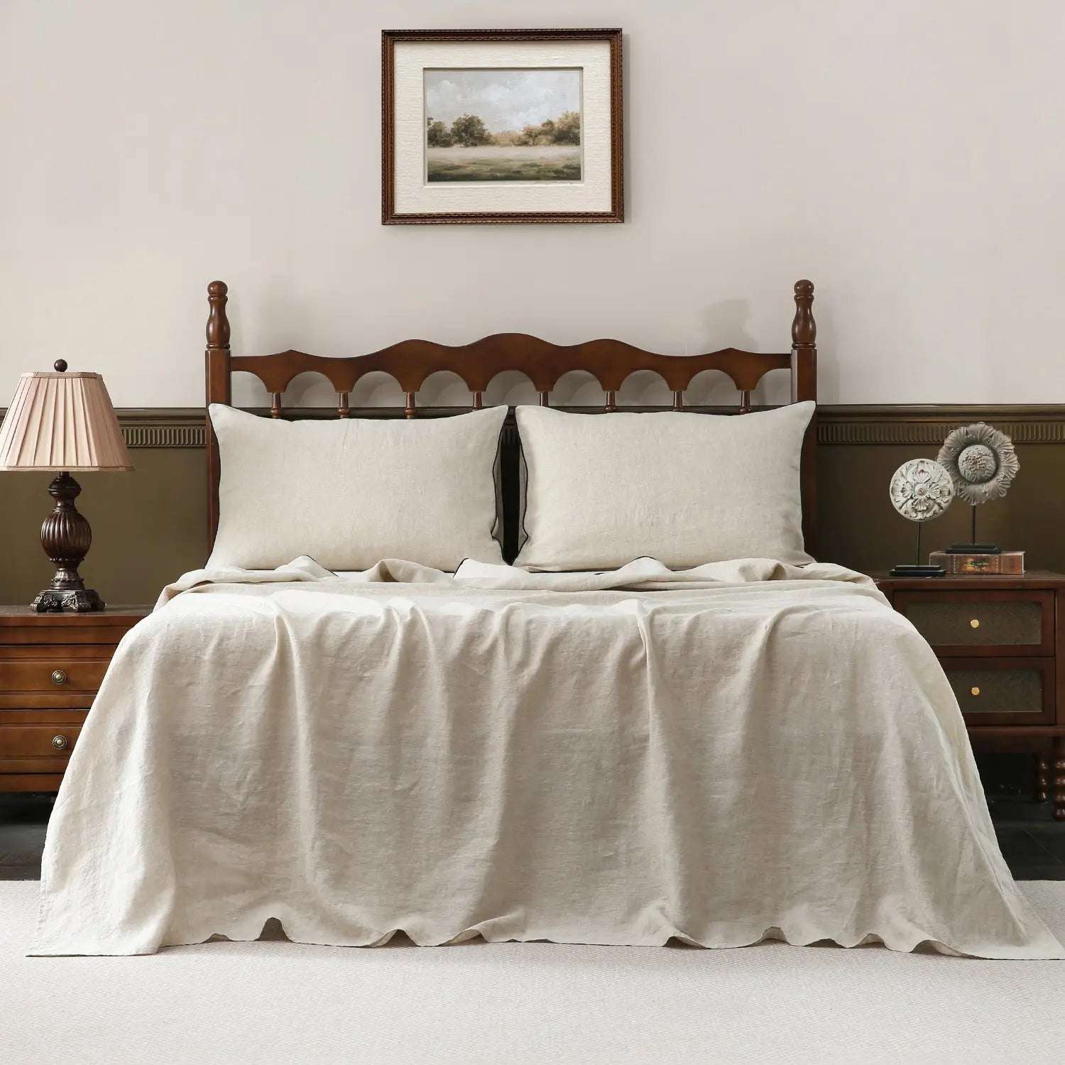 Natural Undyed Linen With Navy Piping 100% Organic Linen Sheets Set.