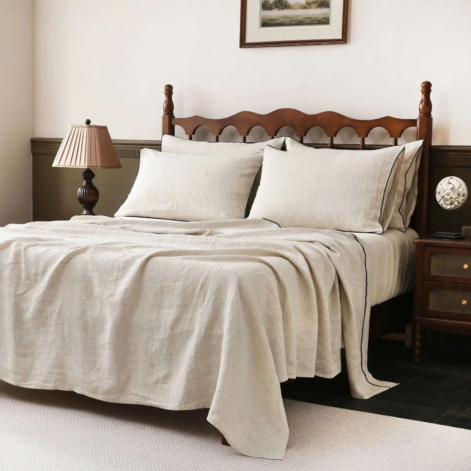 Natural Undyed Linen With Navy Piping 100% Organic Linen Sheets Set.