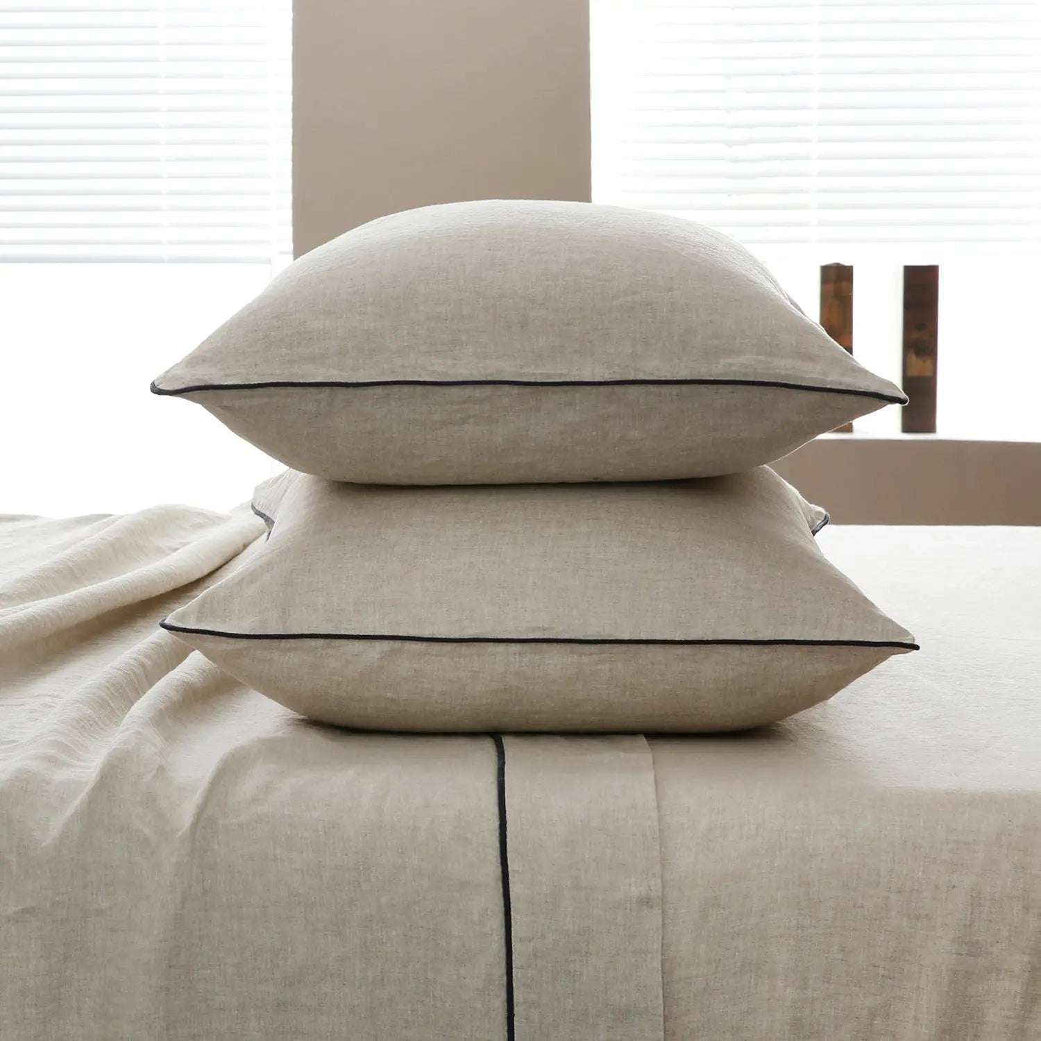 Natural Undyed Linen With Navy Piping 100% Organic Linen Sheets Set.