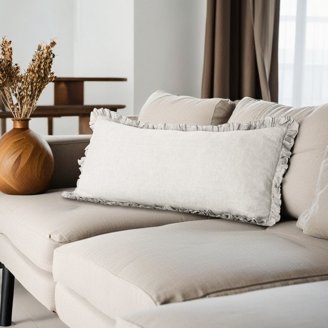 Natural Linen 100% Organic Linen Body  Pillowcase With Ruffles