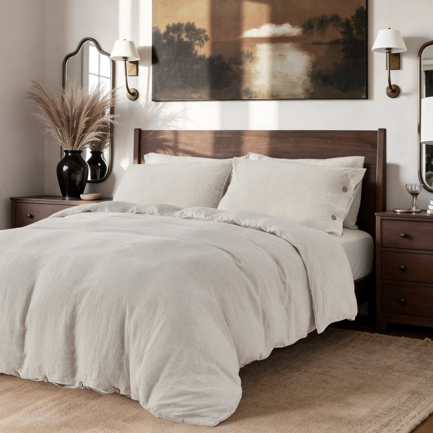 Natural Undyed Linen 100% Organic Linen Duvet Cover Set With Coconut Buttons-Victory Symbol