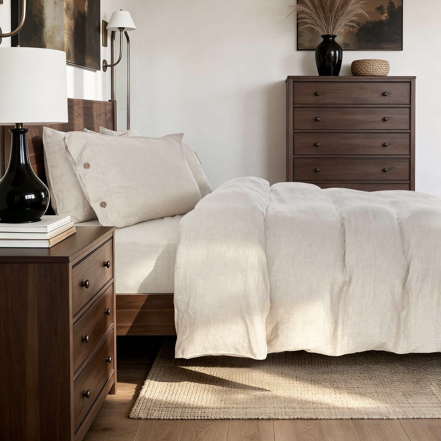 Natural Undyed Linen 100% Organic Linen Duvet Cover Set With Coconut Buttons-Victory Symbol