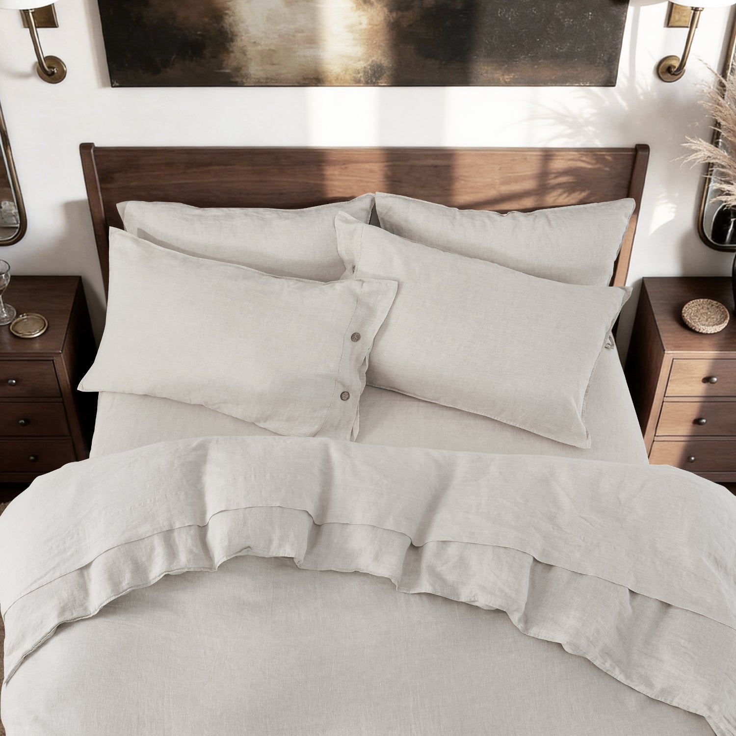 Natural Undyed Linen 100% Organic Linen Duvet Cover Set With Coconut Buttons-Victory Symbol