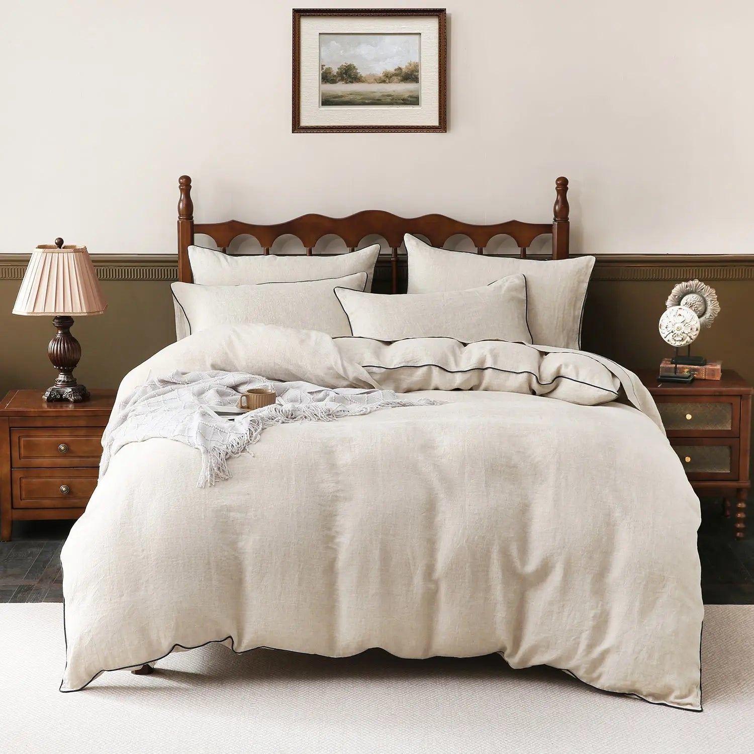 Natural Undyed Linen With Mint Green Piping 100% Organic Linen Duvet Cover Set-victory symbol