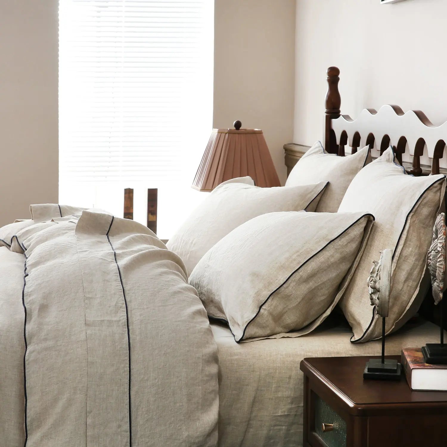 Natural Undyed Linen With Navy Piping 100% Organic Linen Duvet Cover Set - Victory Symbol
