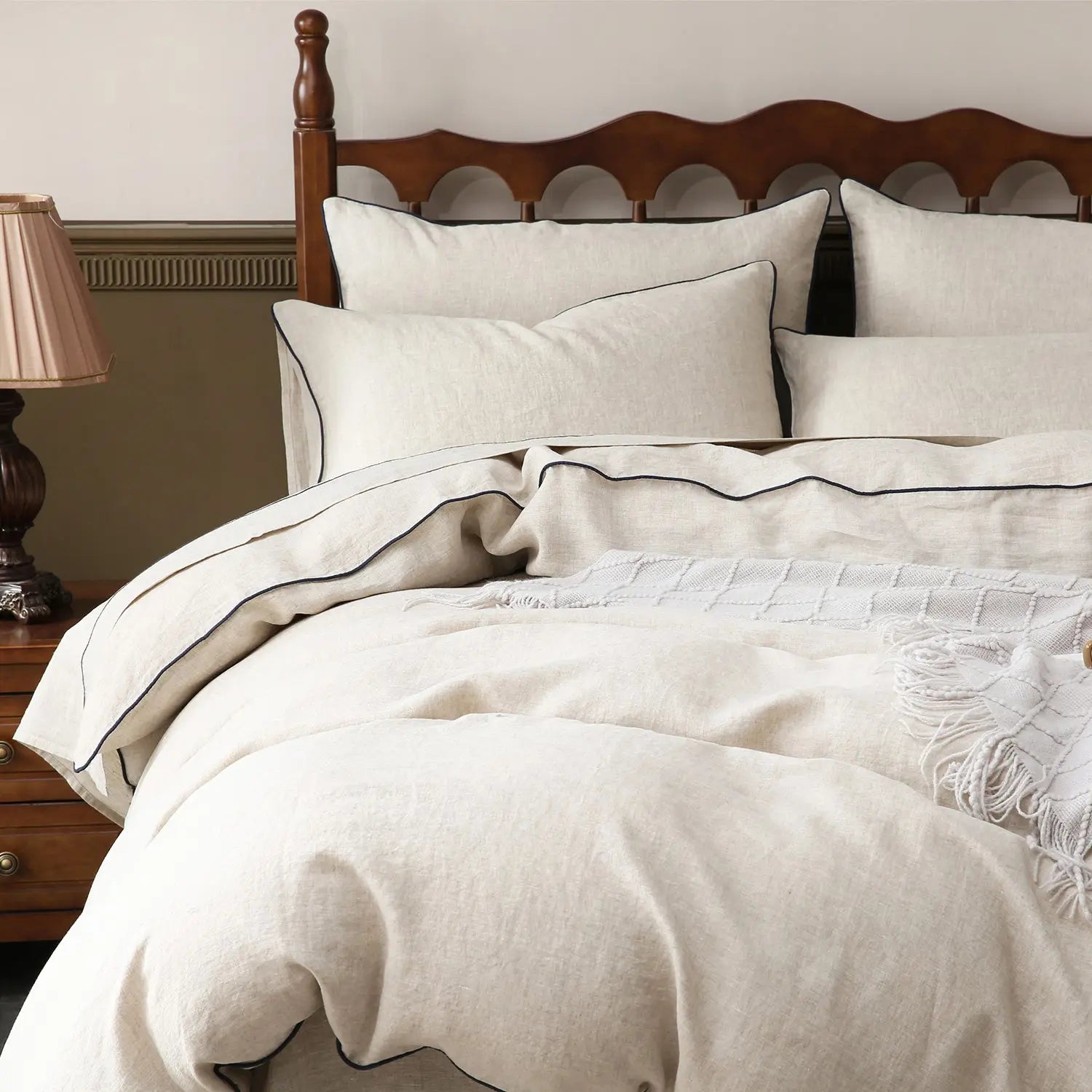 Natural Undyed Linen With Navy Piping 100% Organic Linen Duvet Cover Set - Victory Symbol