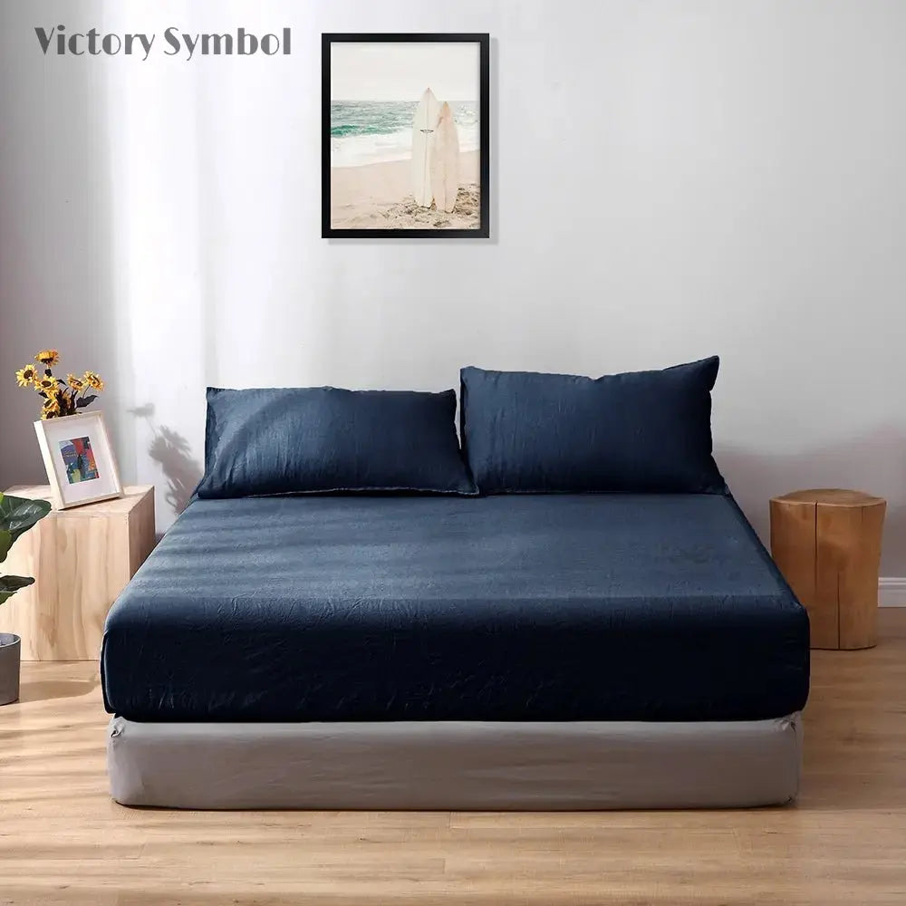 Navy 100% Organic Linen Fitted Sheet.