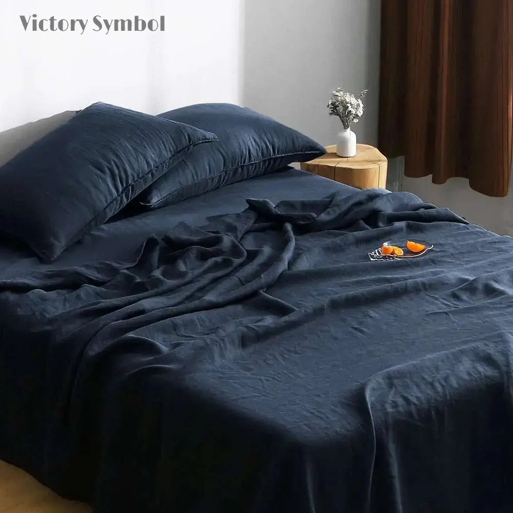 Navy 100% Organic Linen Flat Sheet - Victory Symbol