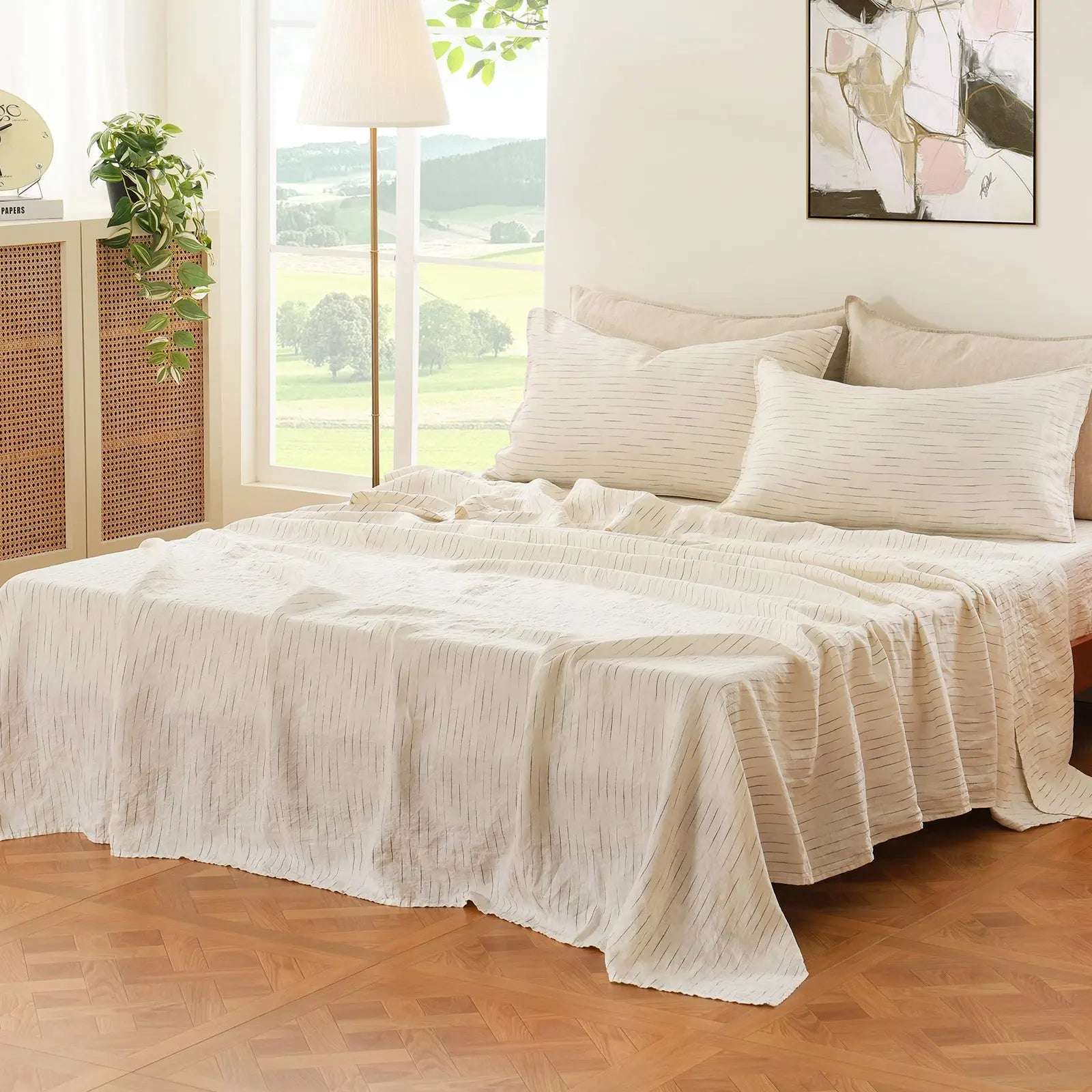Navy Stripe 100% Organic Linen Yarn Dyed Sheets Set.