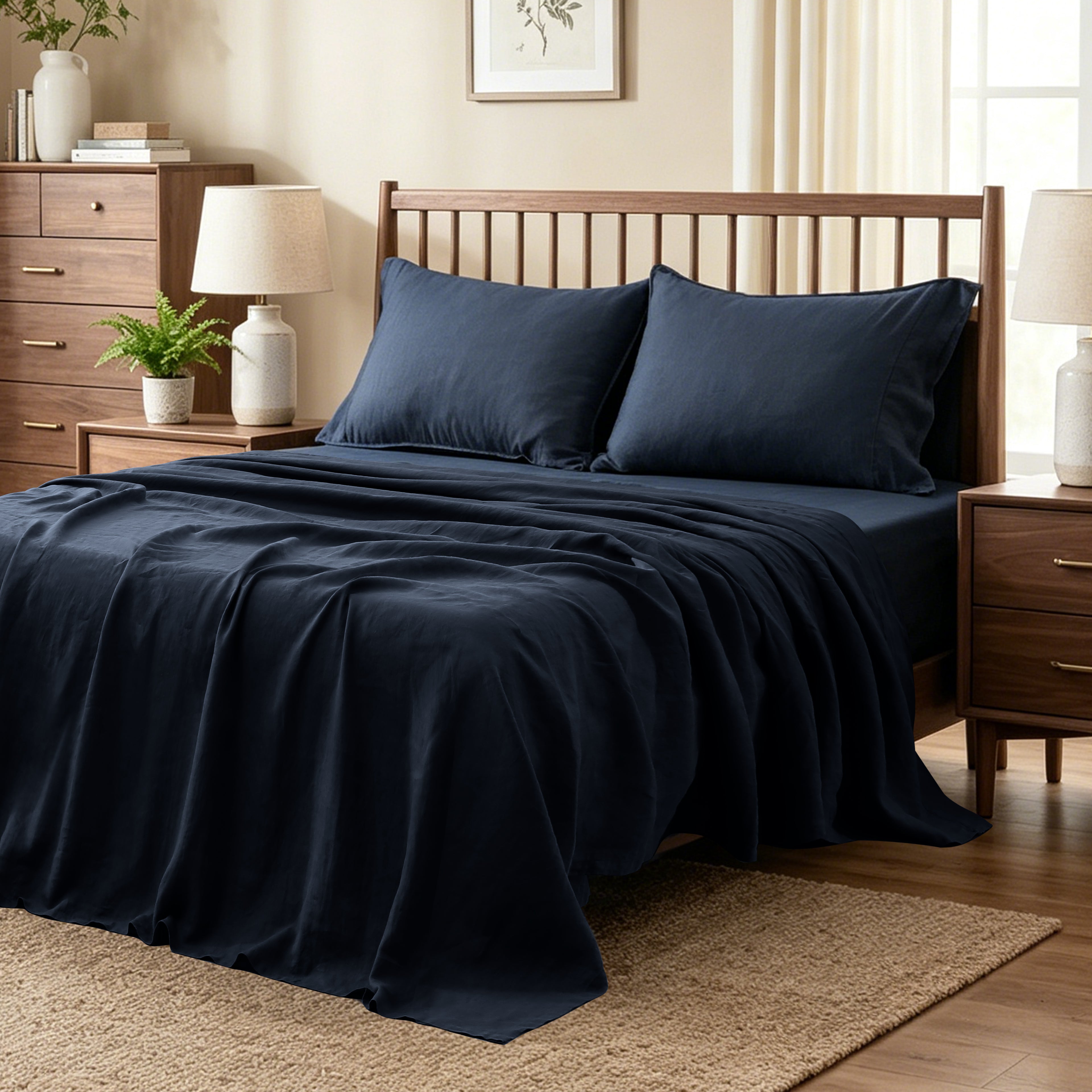 Navy 100% Organic Linen Flat Sheet-Victory Symbol