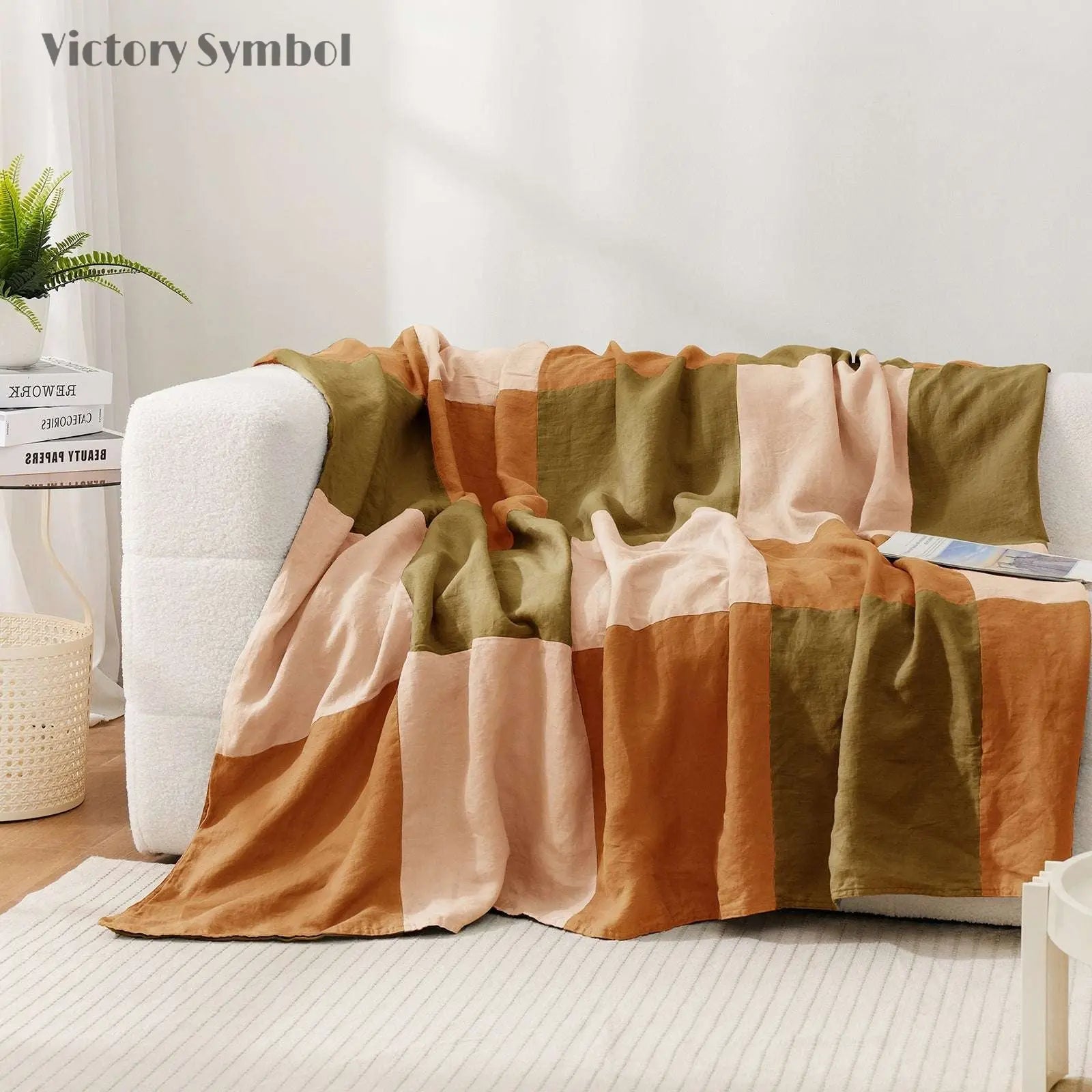 Olive Green Colorblock 100% Organic Linen Plaid Blanket & Throw - Victory Symbol