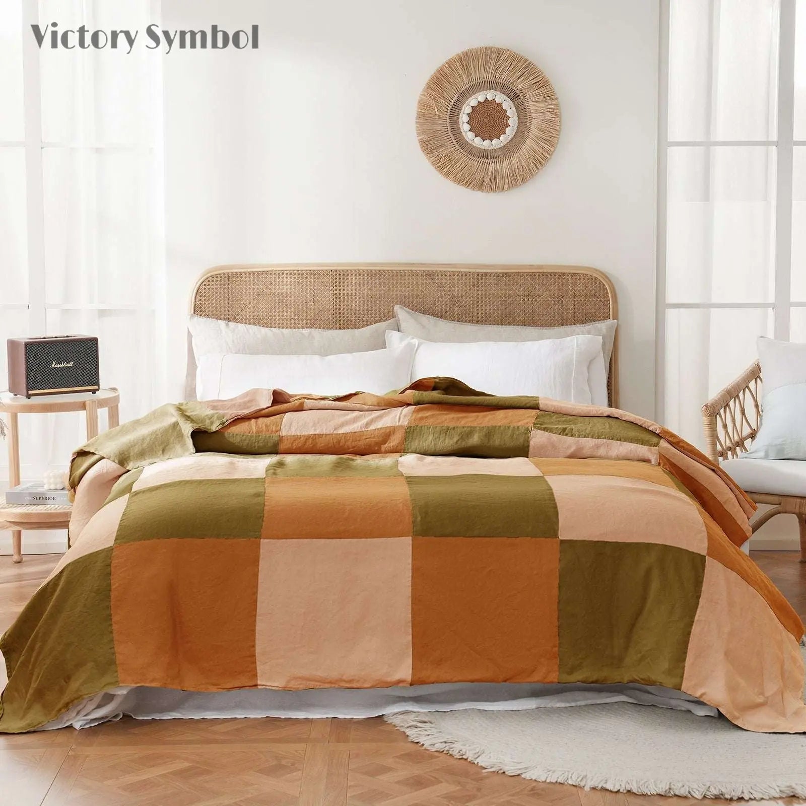 Olive Green Colorblock 100% Organic Linen Plaid Blanket & Throw - Victory Symbol