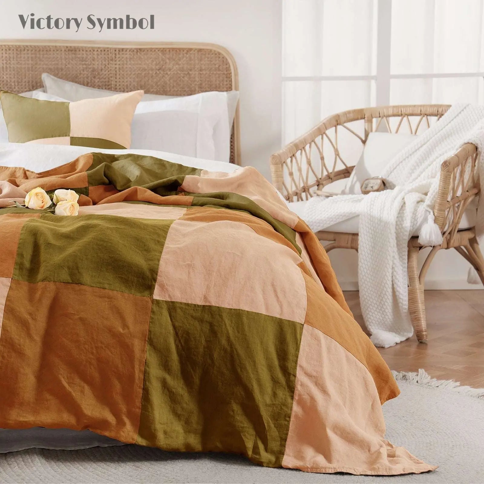 Olive Green Colorblock 100% Organic Linen Plaid Blanket & Throw - Victory Symbol