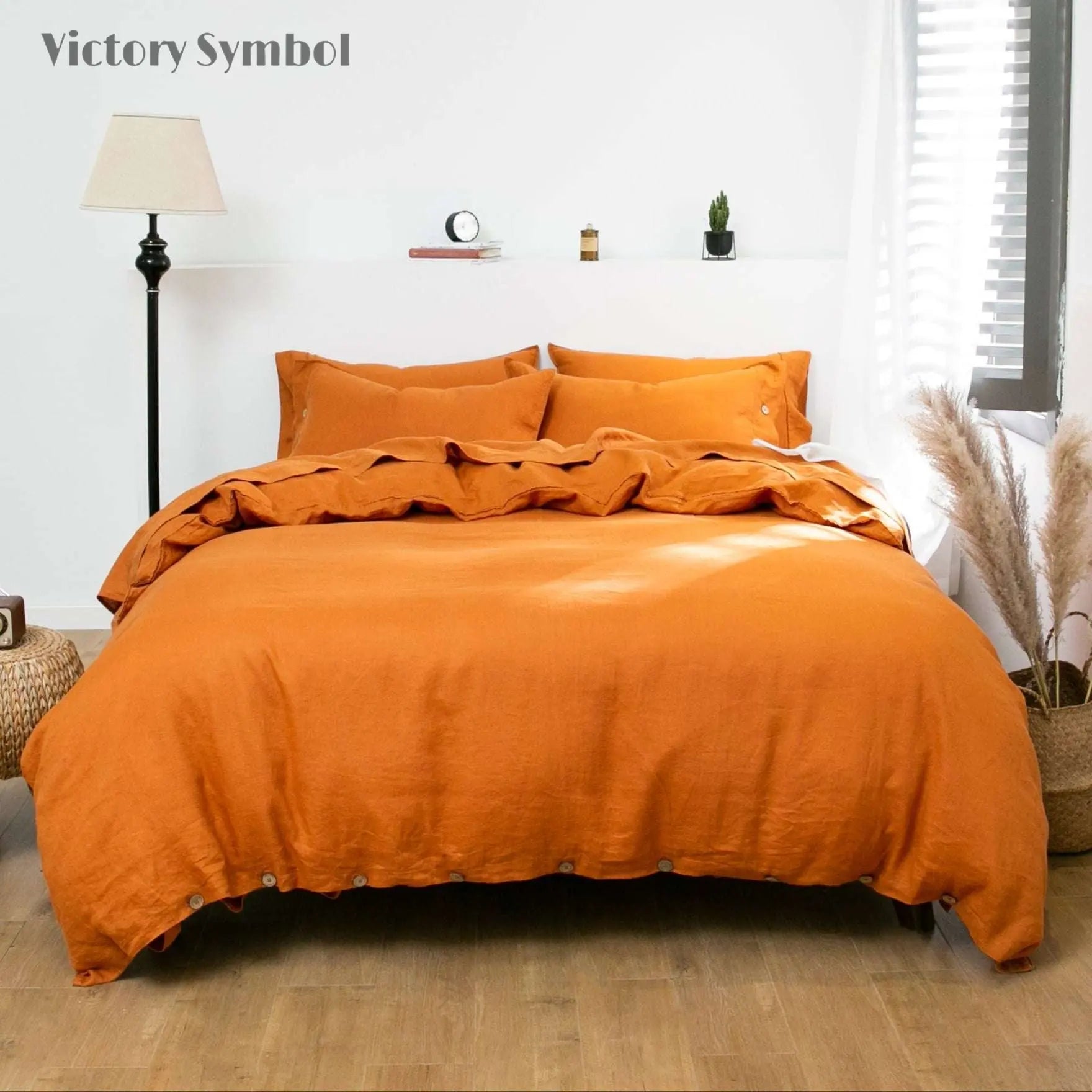 Orange Ochre 100% Organic Linen Duvet Cover Set - Victory Symbol