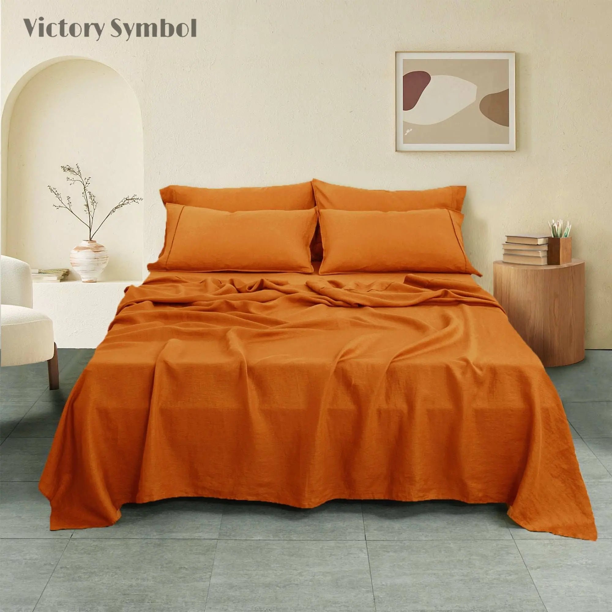 Orange Ochre 100% Organic Linen Sheets Set - Victory Symbol