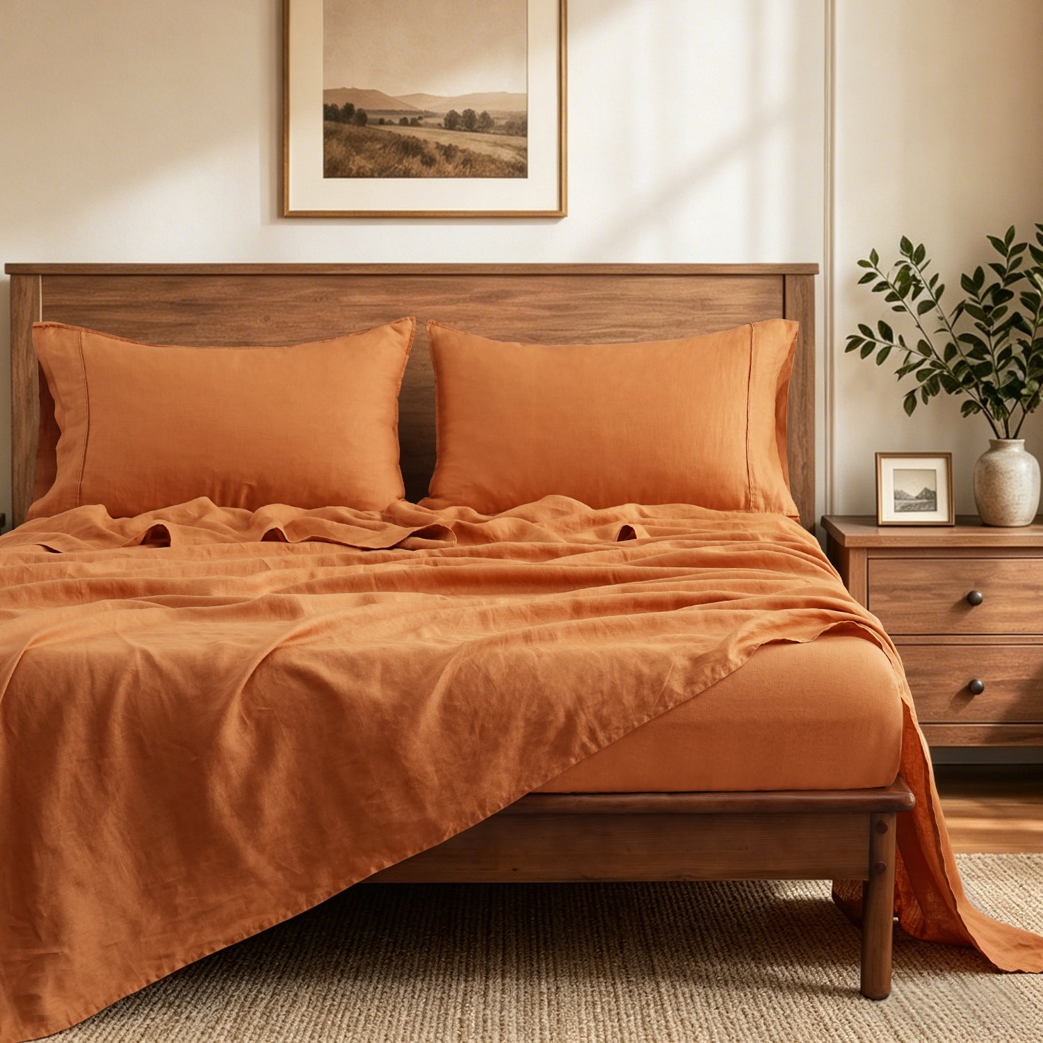 Orange Ochre 100% Organic Linen Fitted Sheet-Victory Symbol