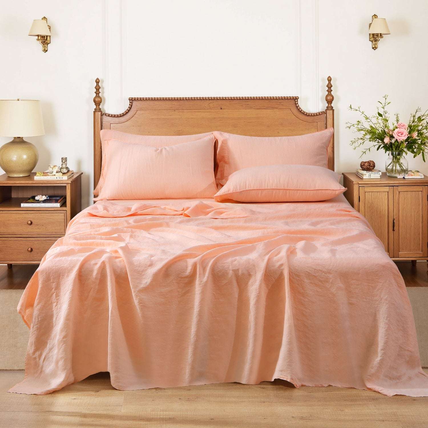 Peach Pink 100% Organic Linen Sheets Set- Victory Symbol