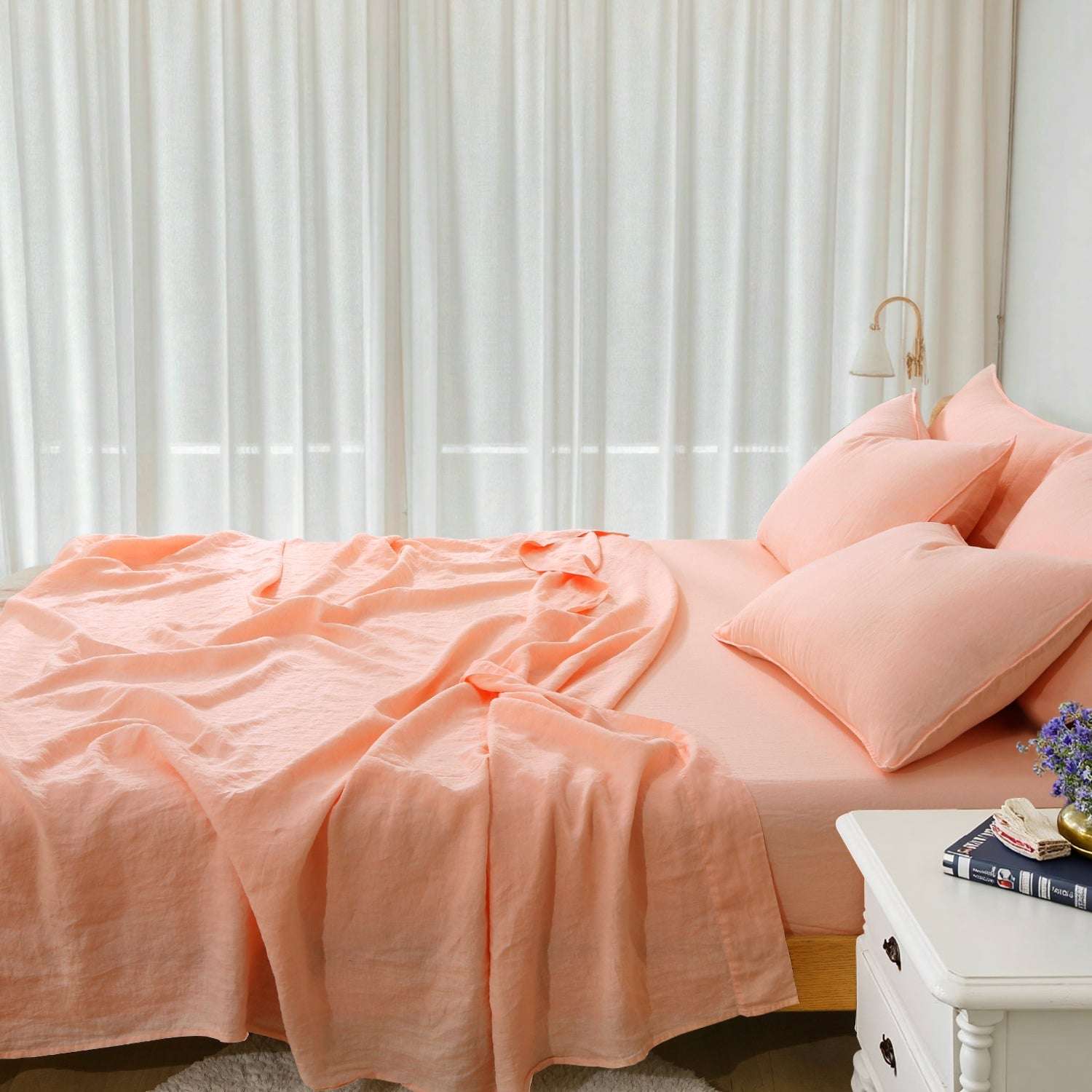 Peach Pink 100% Organic Linen Sheets Set- Victory Symbol
