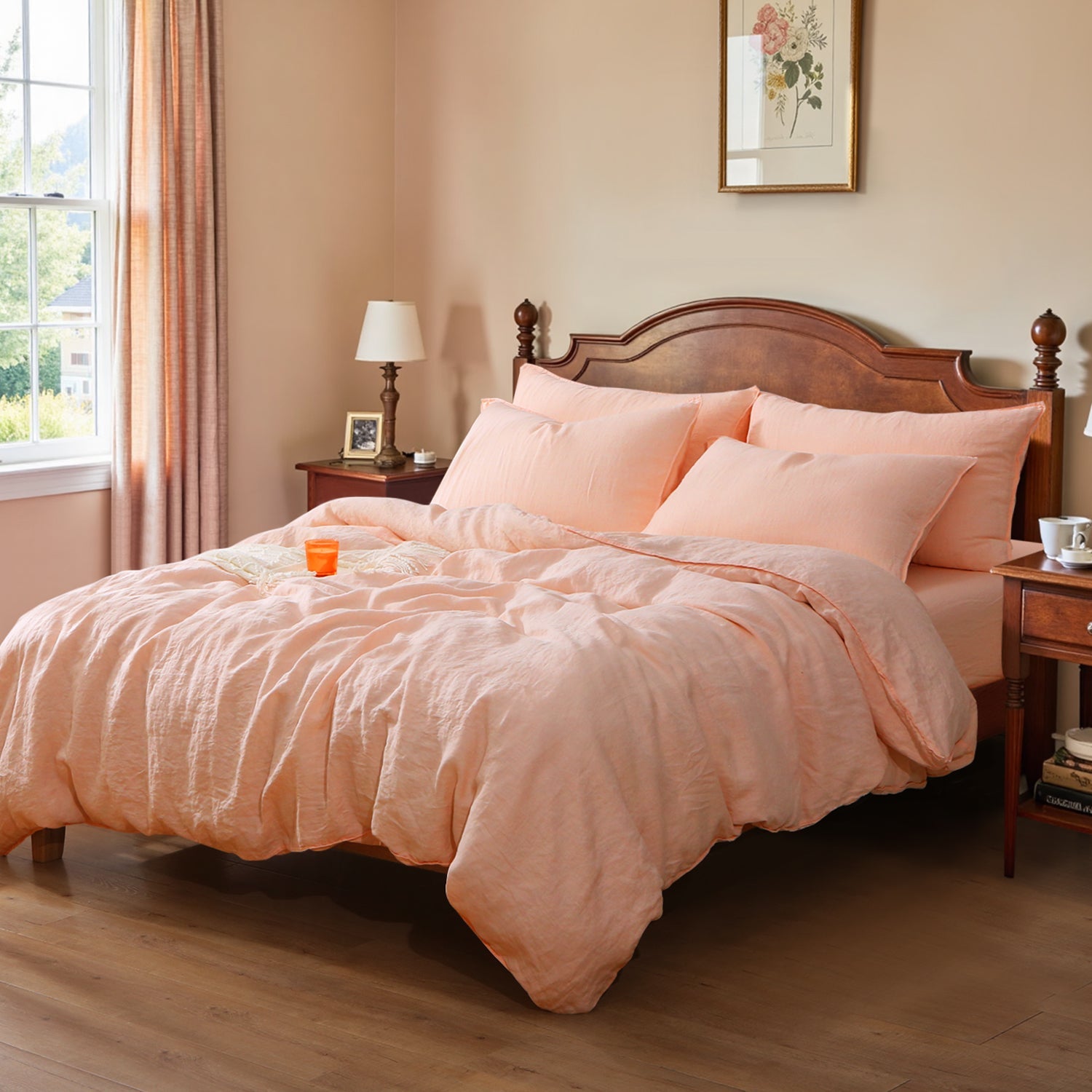 Peach Pink 100% Organic Linen Duvet Cover Set-Victory Symbol