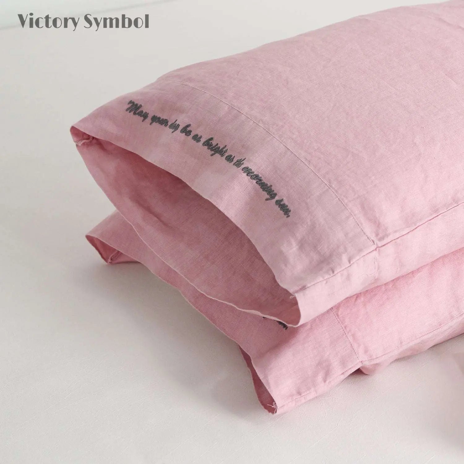 Pink Lavender 100% Organic Linen Embroidered Pillowcases - Victory Symbol