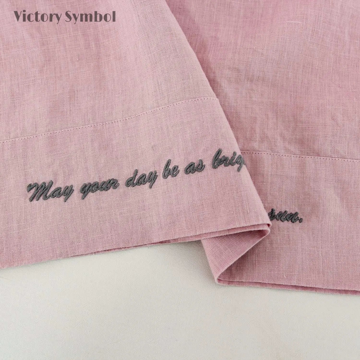 Pink Lavender 100% Organic Linen Embroidered Pillowcases - Victory Symbol