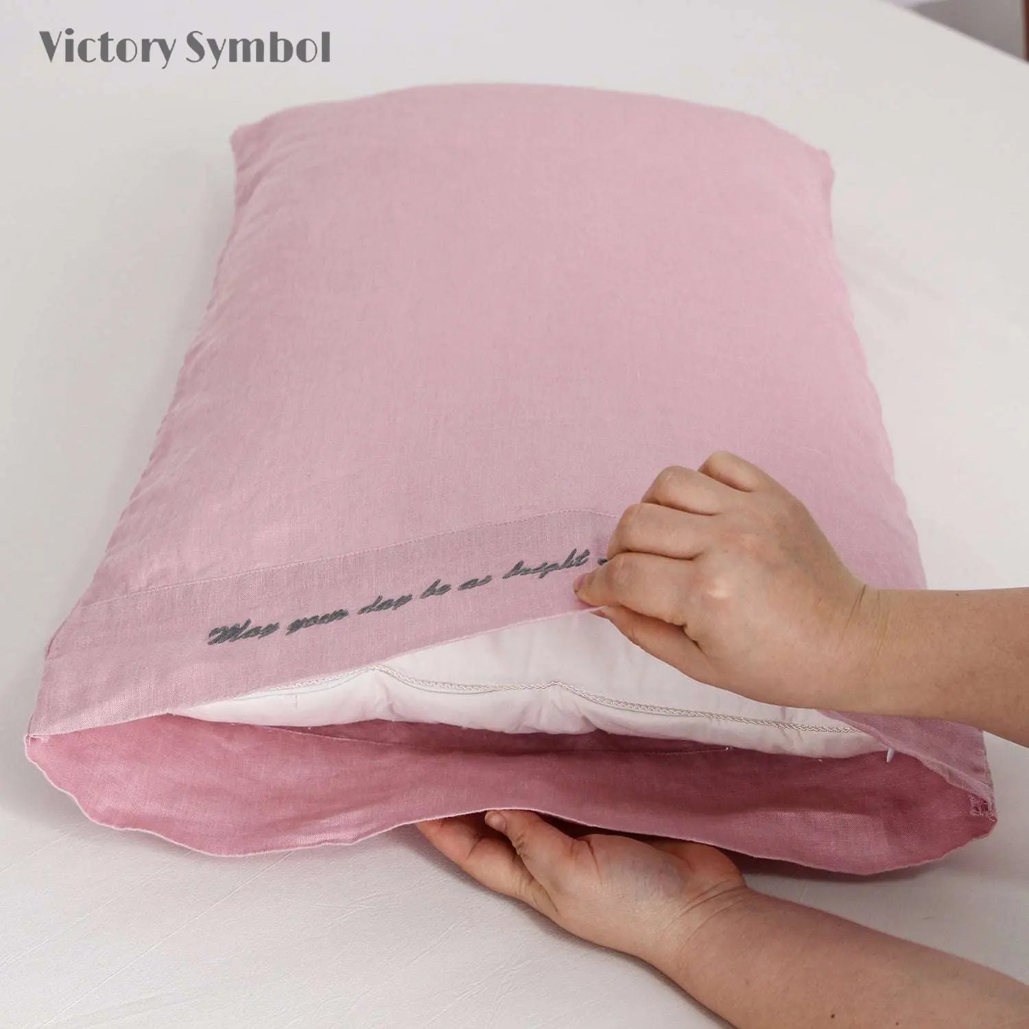 Pink Lavender 100% Organic Linen Embroidered Pillowcases - Victory Symbol