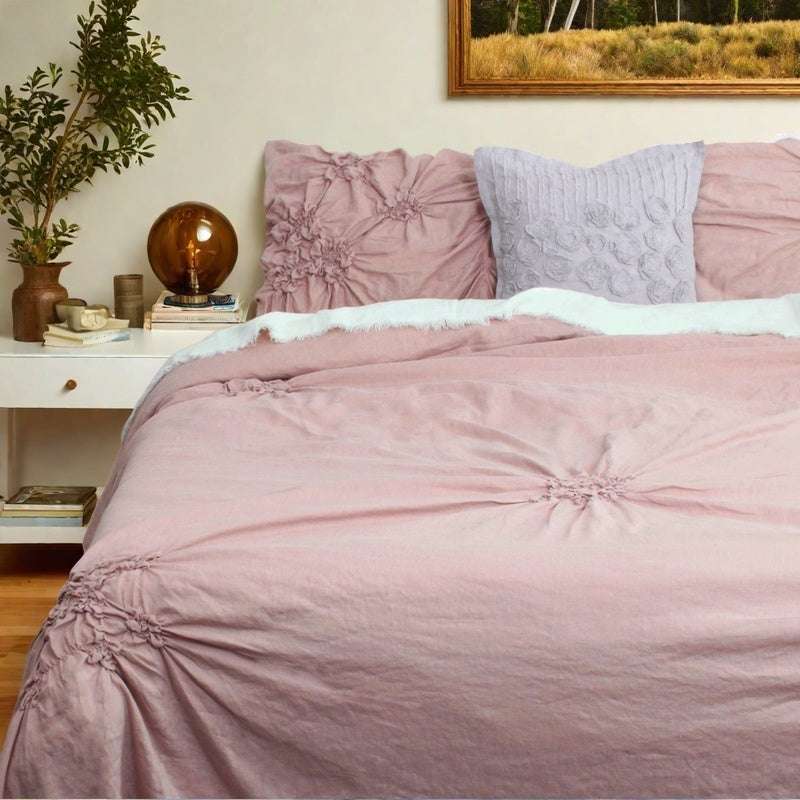 Pink Lavender Pinch Pleated Floral 100% Organic Linen Duvet Cover Set-victory symbol