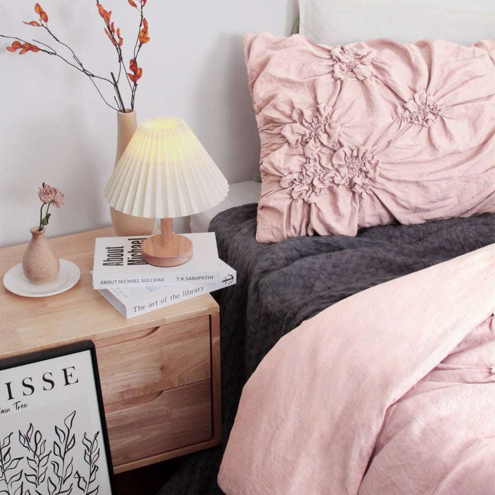 Pink Lavender Pinch Pleated Floral 100% Organic Linen Duvet Cover Set-victory symbol