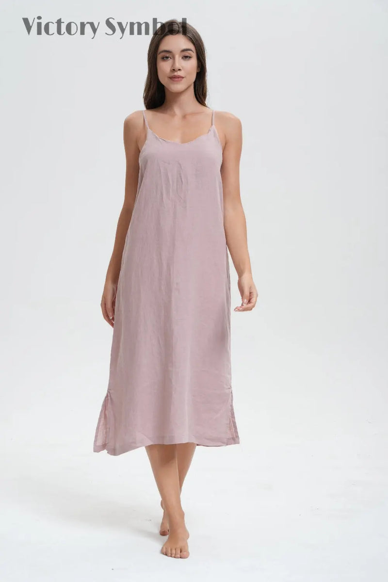 Pink Purple 100% Organic Linen Midi Dress - Victory Symbol S Pink Purple 100% Organic Linen Midi Dress - Victory Symbol S