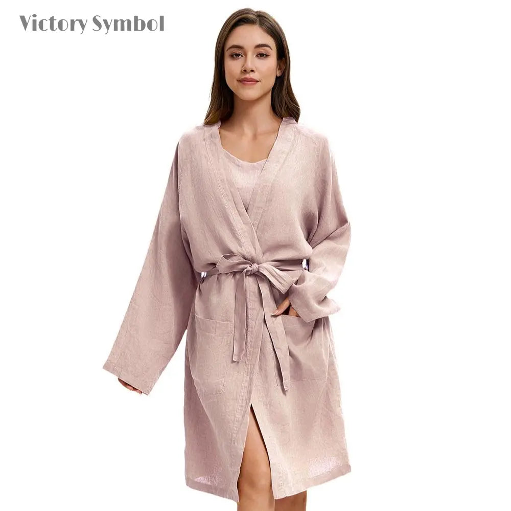 Pink Purple 100% Organic Linen Women's V-Neck Robes - Victory Symbol