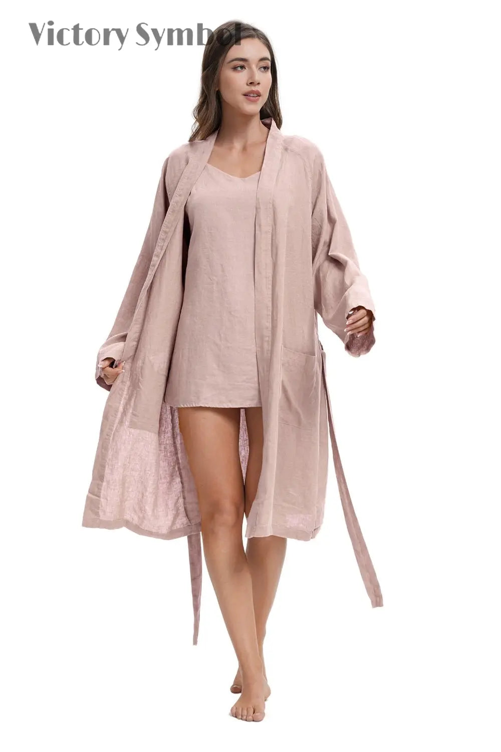 Pink Purple 100% Organic Linen Women's V - Neck Robes - Victory Symbol