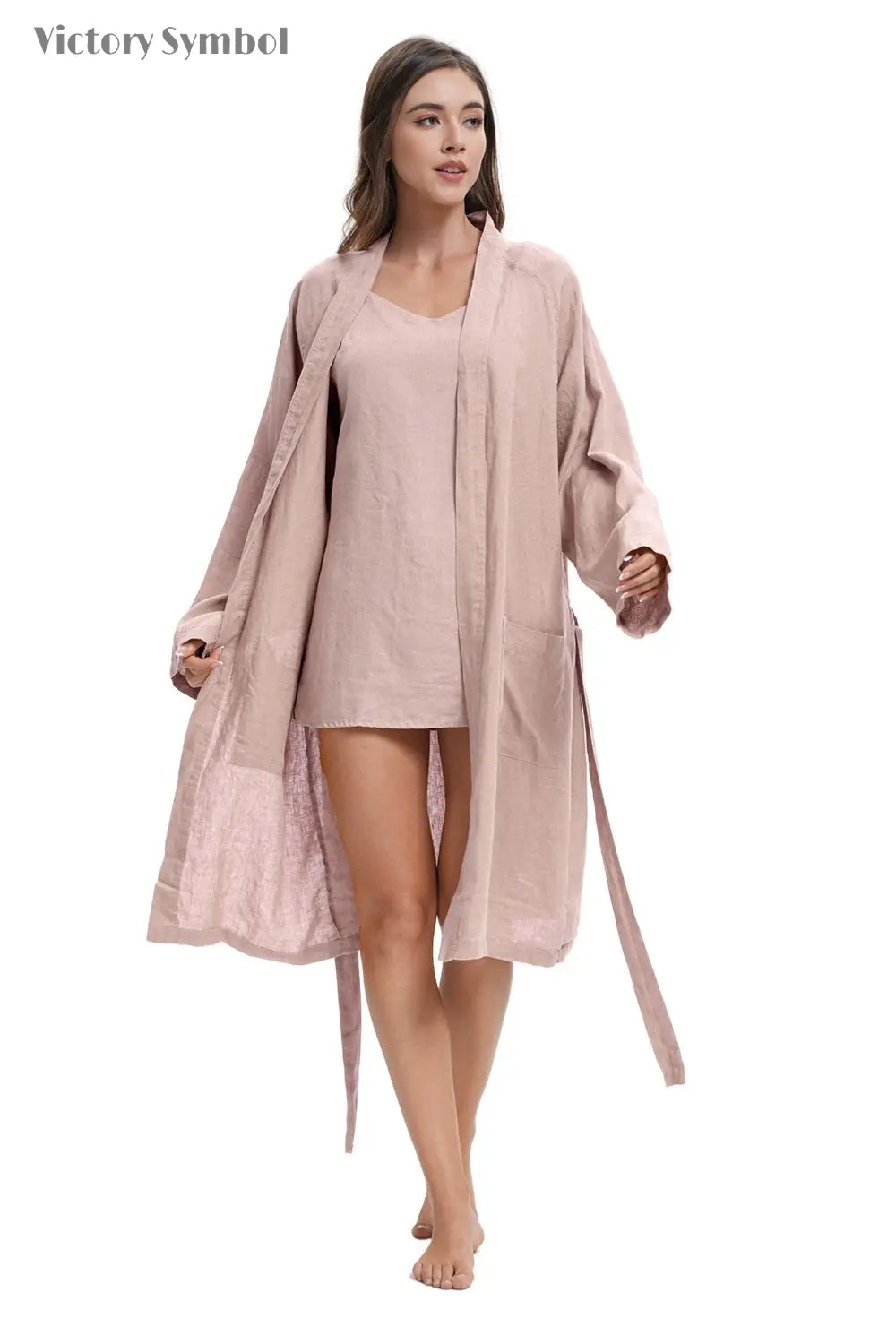 Pink Purple 100% Organic Linen Women's V - Neck Robes - Victory Symbol