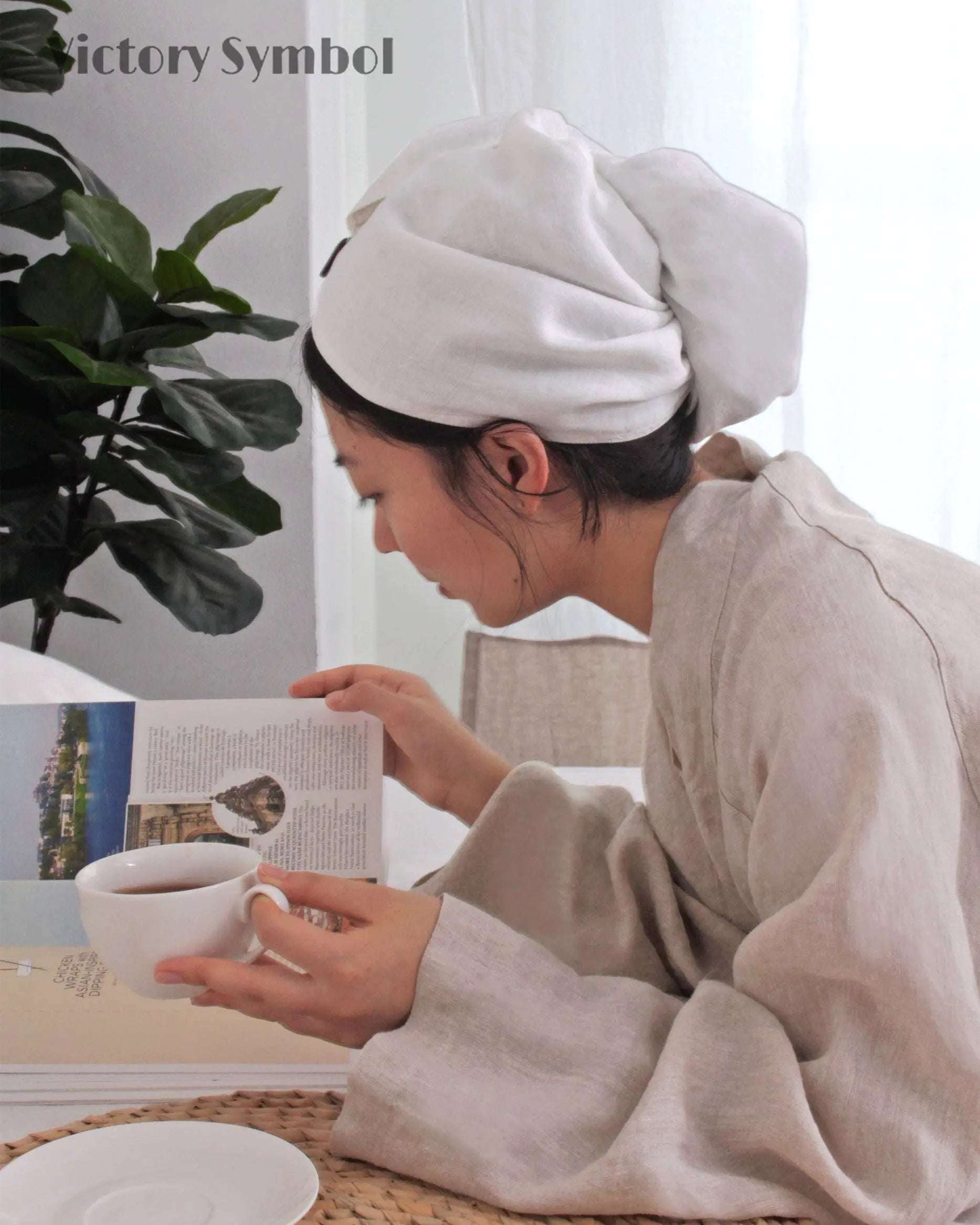 Pure White 100% Organic French Linen 2 - Pack Hair Towel Wrap - Victory Symbol