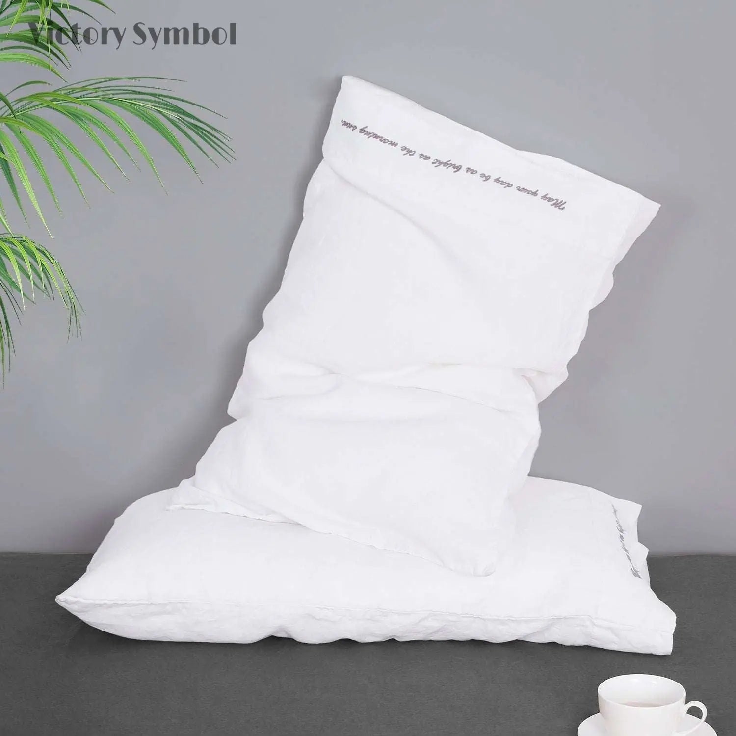 Pure White 100% Organic Linen Embroidered Pillowcases - Victory Symbol