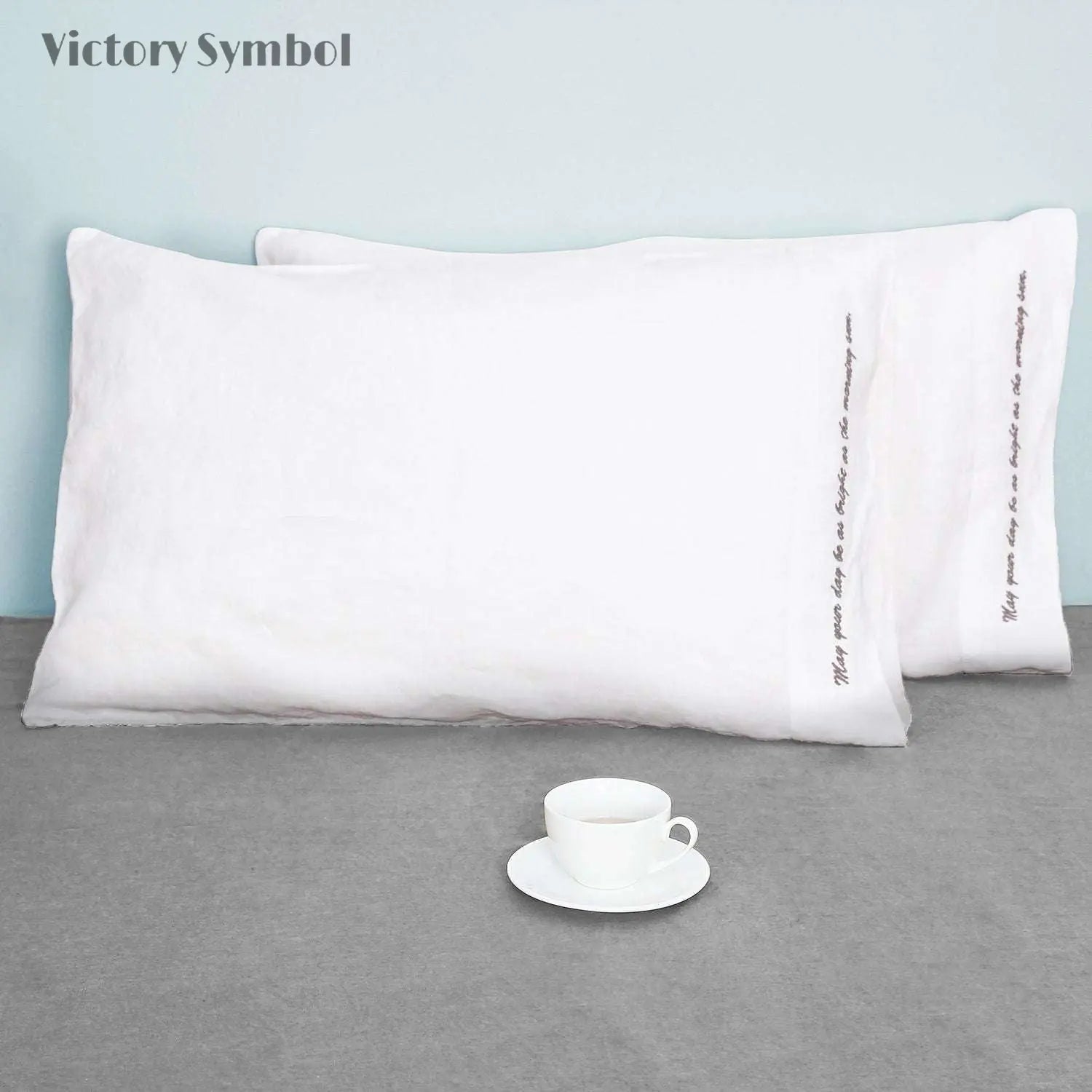 Pure White 100% Organic Linen Embroidered Pillowcases - Victory Symbol