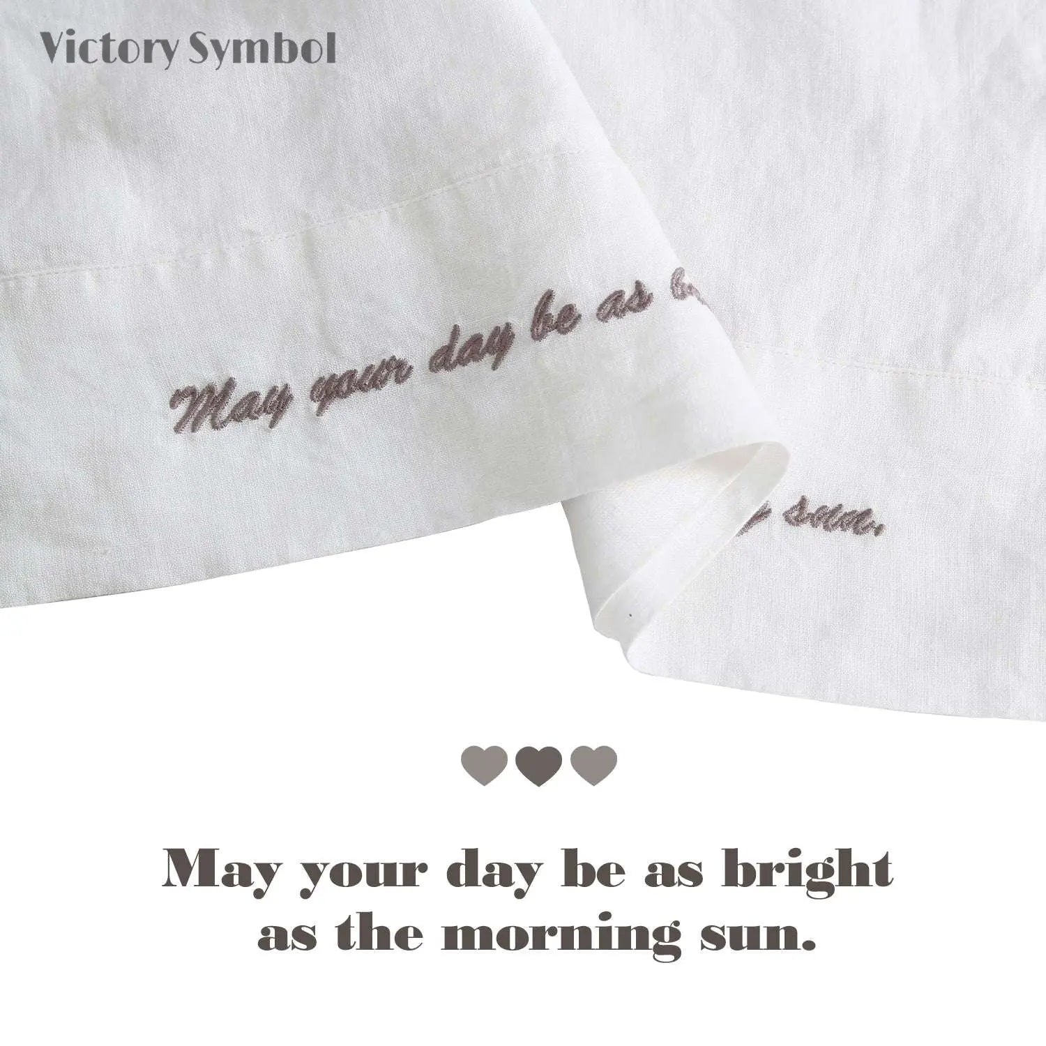 Pure White 100% Organic Linen Embroidered Pillowcases - Victory Symbol