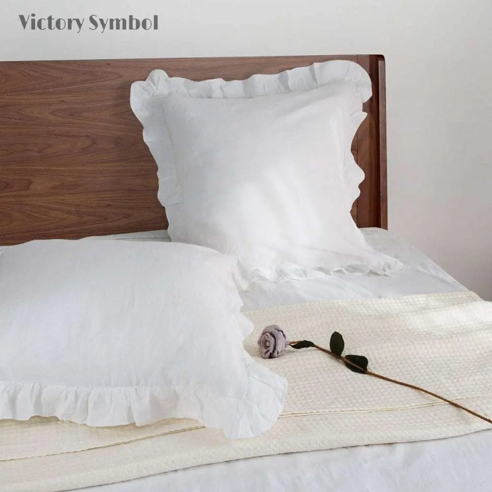 Pure White 100% Organic Linen Euro Pillowcases With Ruffles - Victory Symbol