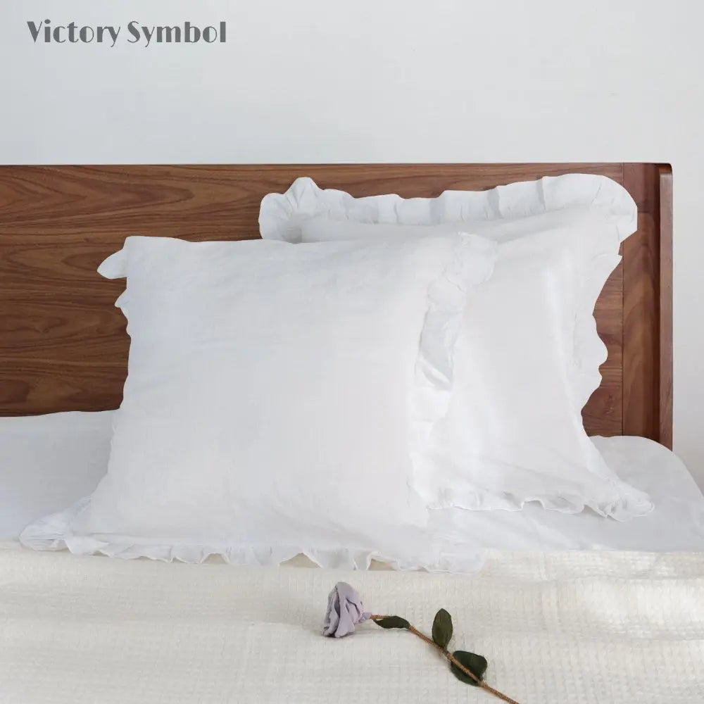 Pure White 100% Organic Linen Euro Pillowcases With Ruffles - Victory Symbol