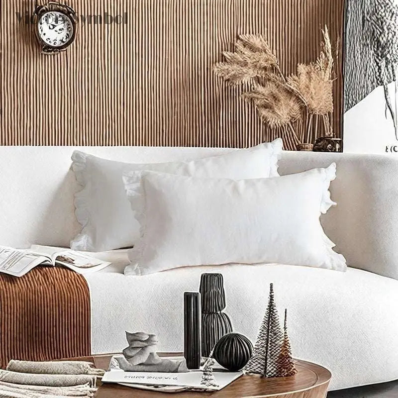 Pure White 100% Organic Linen Lumbar Pillowcases With Ruffles - Victory Symbol